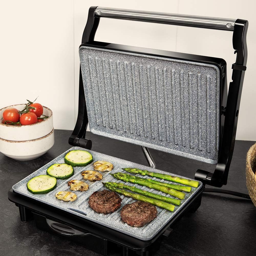 Cecotec - Grill électrique Full Open - 750W, revêtement RockStone, poignée froide, ouverture 180°