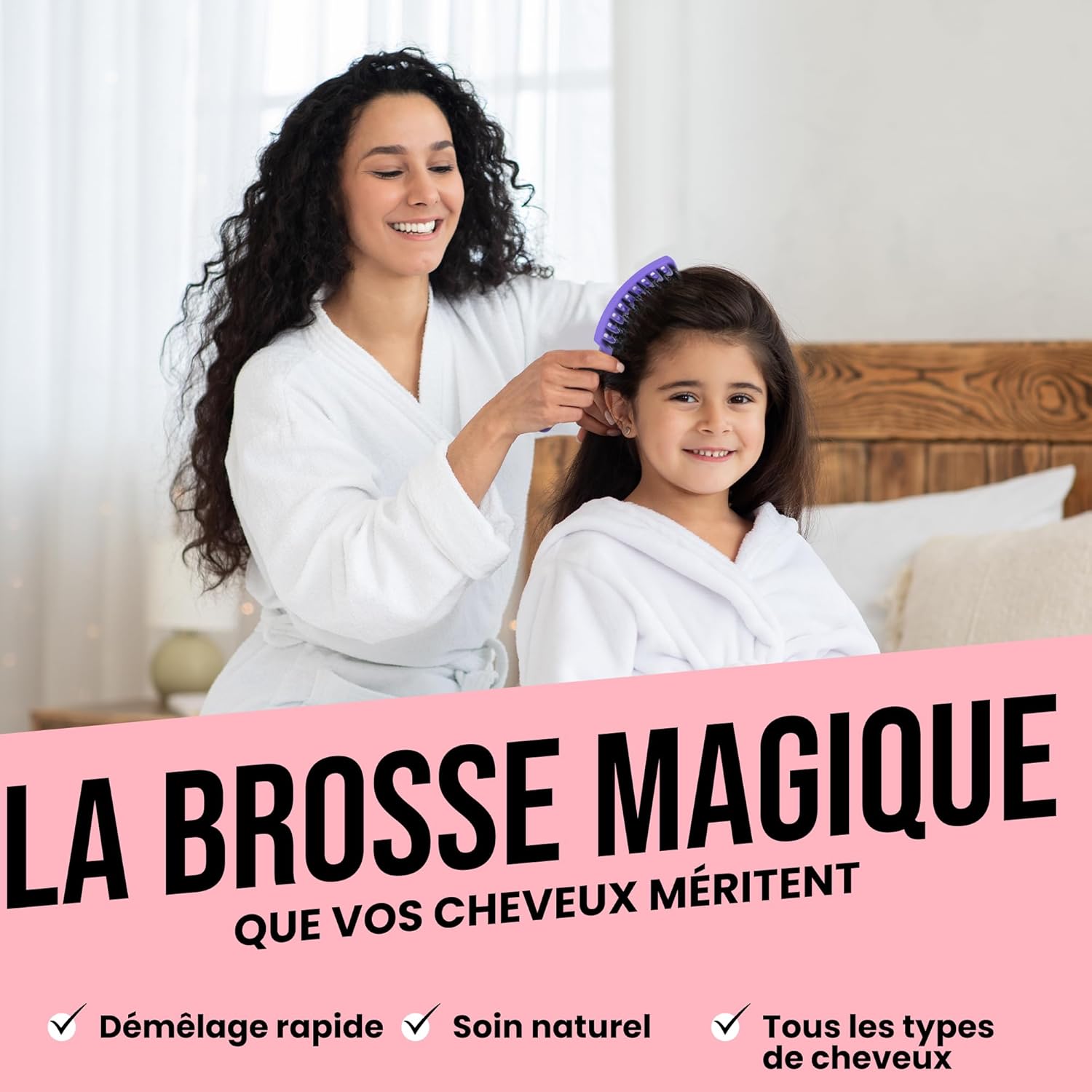 Brosse à cheveux - démêlante, poils sanglier/nylon, anti-casse, tous types, 21cm