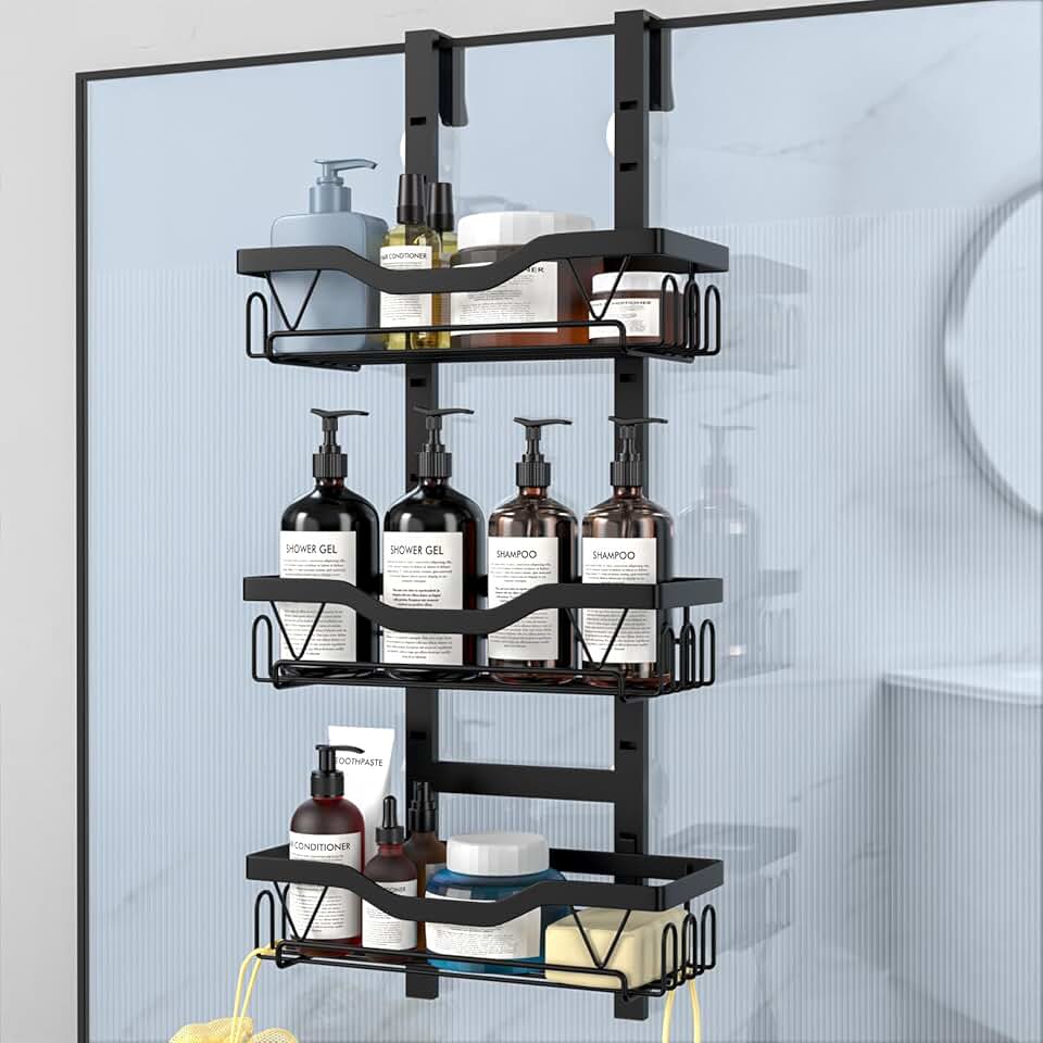 Étagère de douche suspendue - 3 paniers réglables, sans perçage, noir, organiseur 3 couches