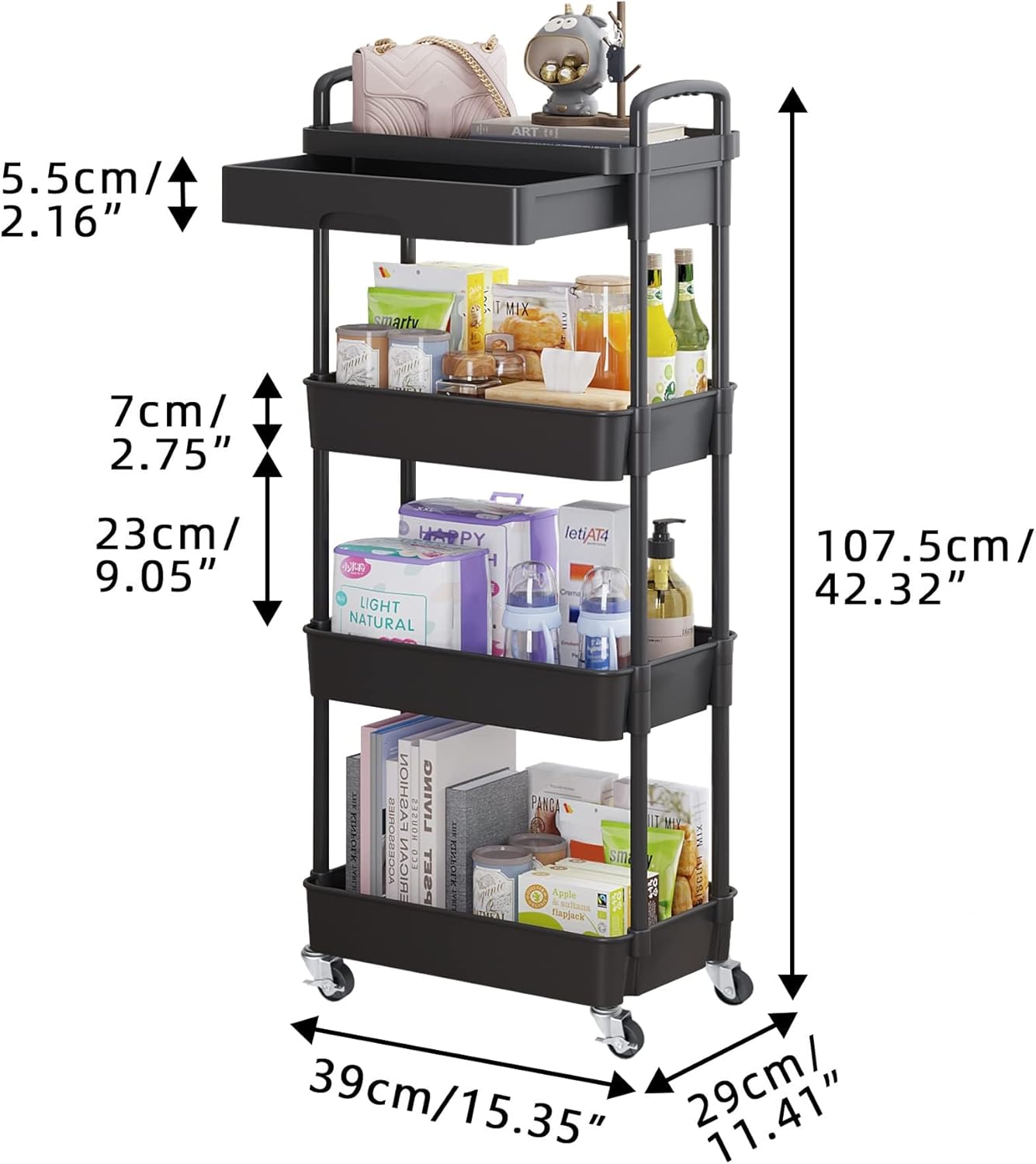 Chariot de rangement - 4 niveaux - plastique, roulettes, tiroir, compact
