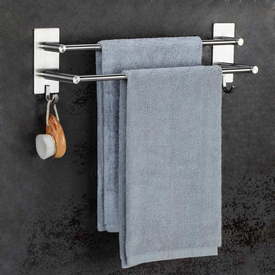 Porte-serviettes mural double inox, sans perçage, 2 crochets, salle de bain