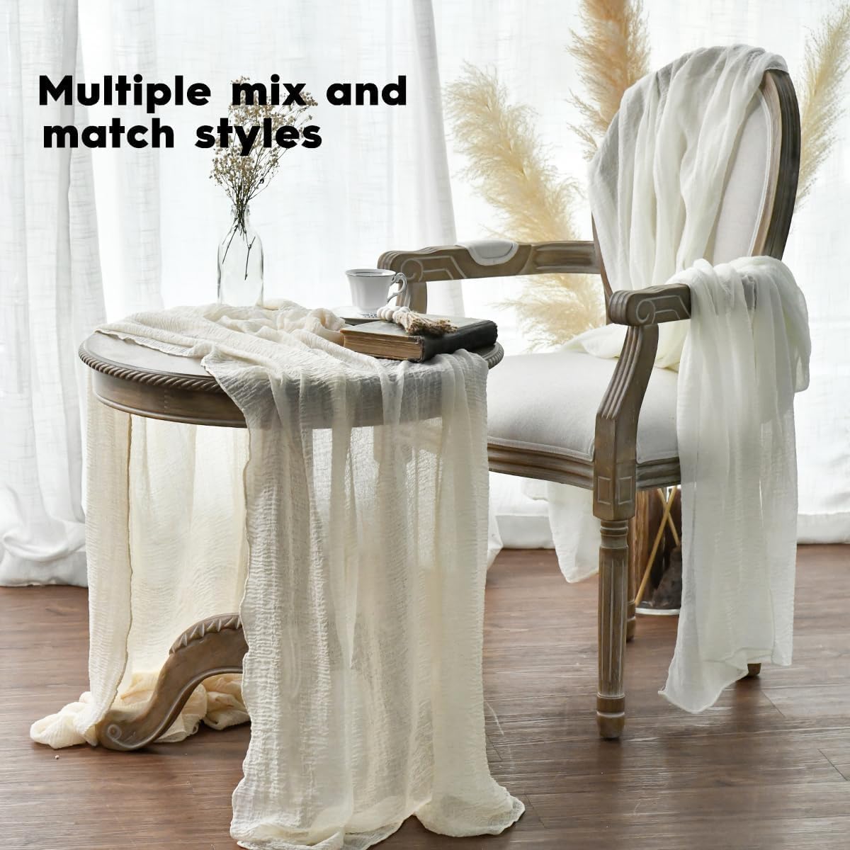 Artoid Mode – Lot de 2 chemins de table – 300 cm – gaze mousseline beige, décoration bohême