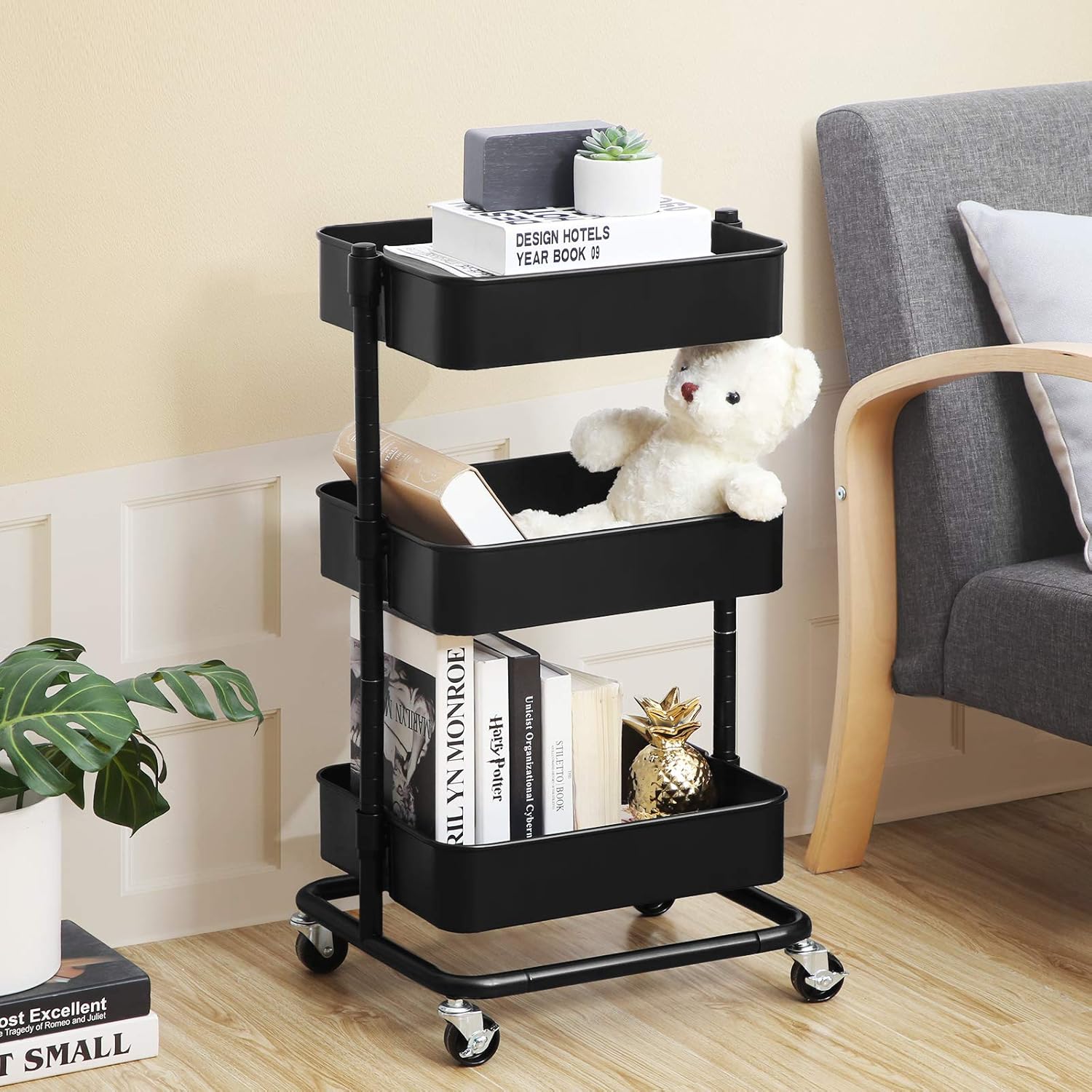 SONGMICS - chariot 3 niveaux, 43x35x73,5 cm, tablette réglable, 6955880309108