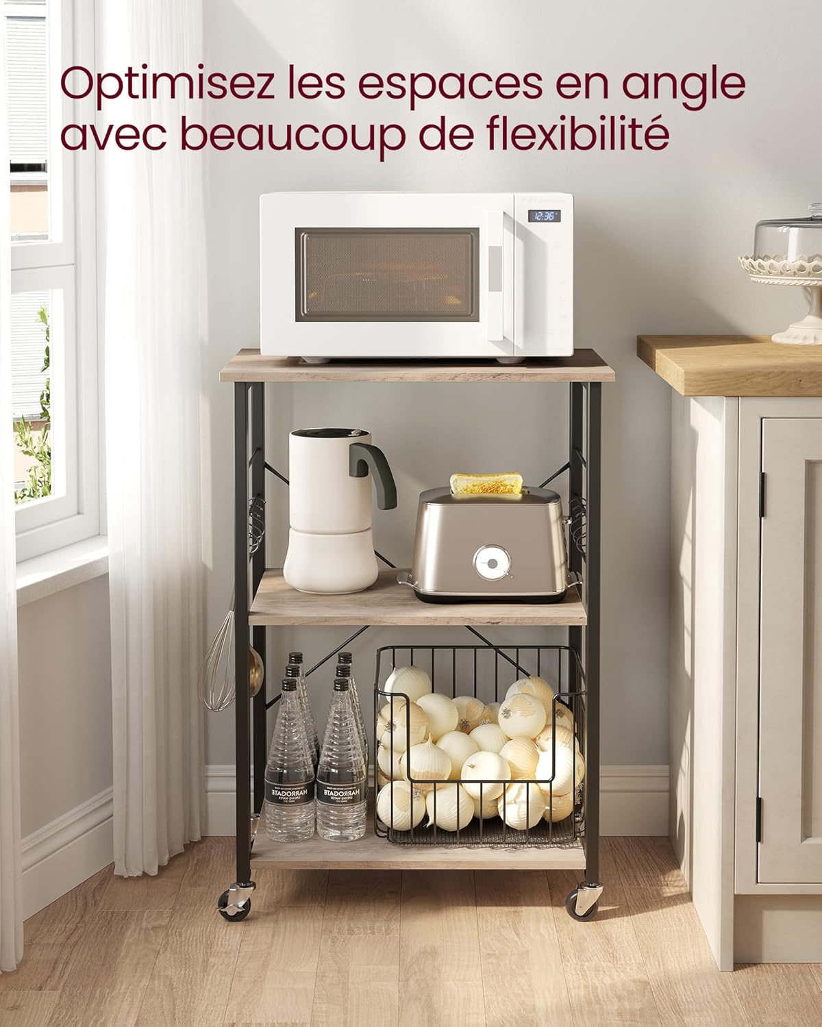 VASAGLE - étagère cuisine 3 niveaux, roulettes, 40x60x89cm, 6 crochets KKS060B02