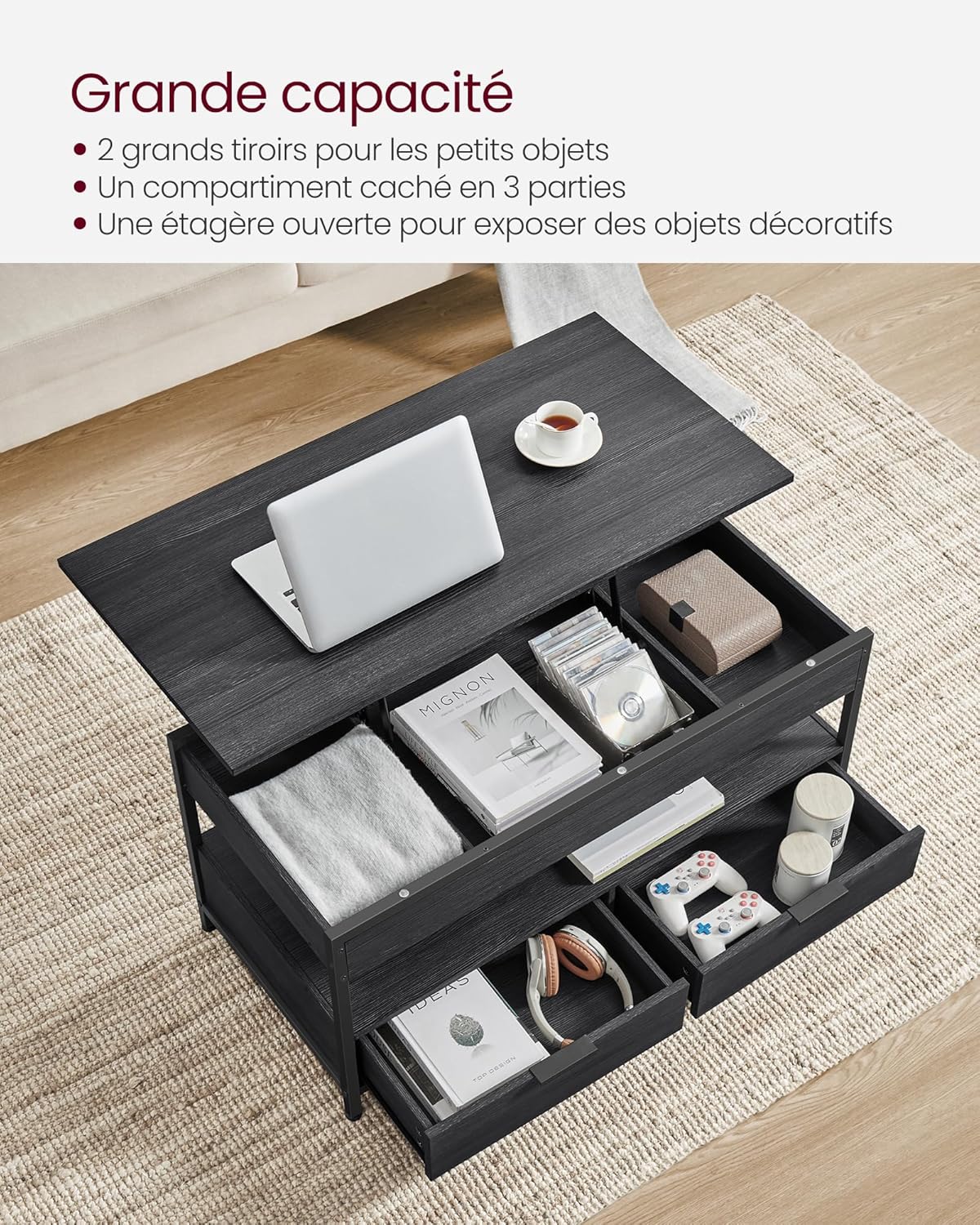 VASAGLE - table basse relevable série LCT209B22, tiroirs et rangement, gris anthracite  LCT209B22
