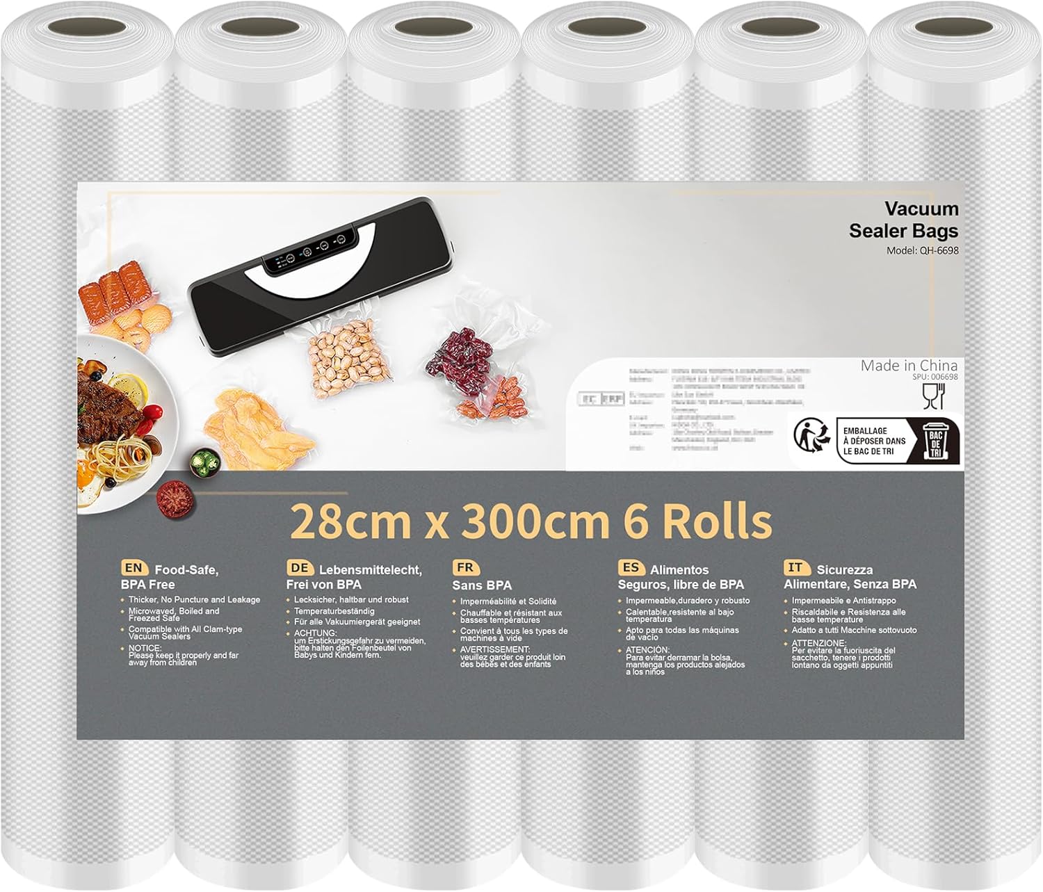Rouleau sous vide alimentaire - 6 rouleaux 28x300cm - sans BPA