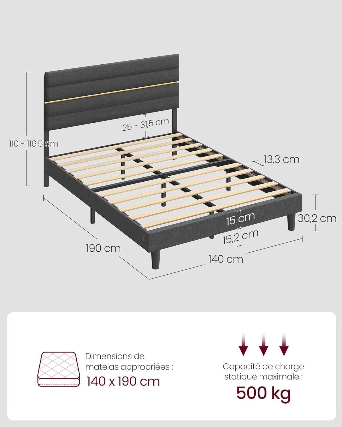 VASAGLE - lit double série RMB503G01 - 140x190 cm - métal, bois massif, tête de lit ajustable, gris ardoise RMB503G01
