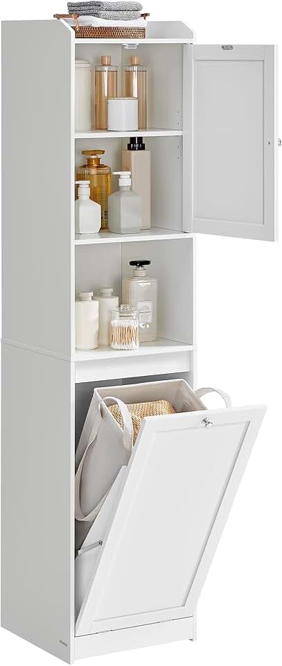 VASAGLE - meuble salle de bain haut - 40x40x170 cm - panier linge, sac amovible, porte, blanc - BBC761W01