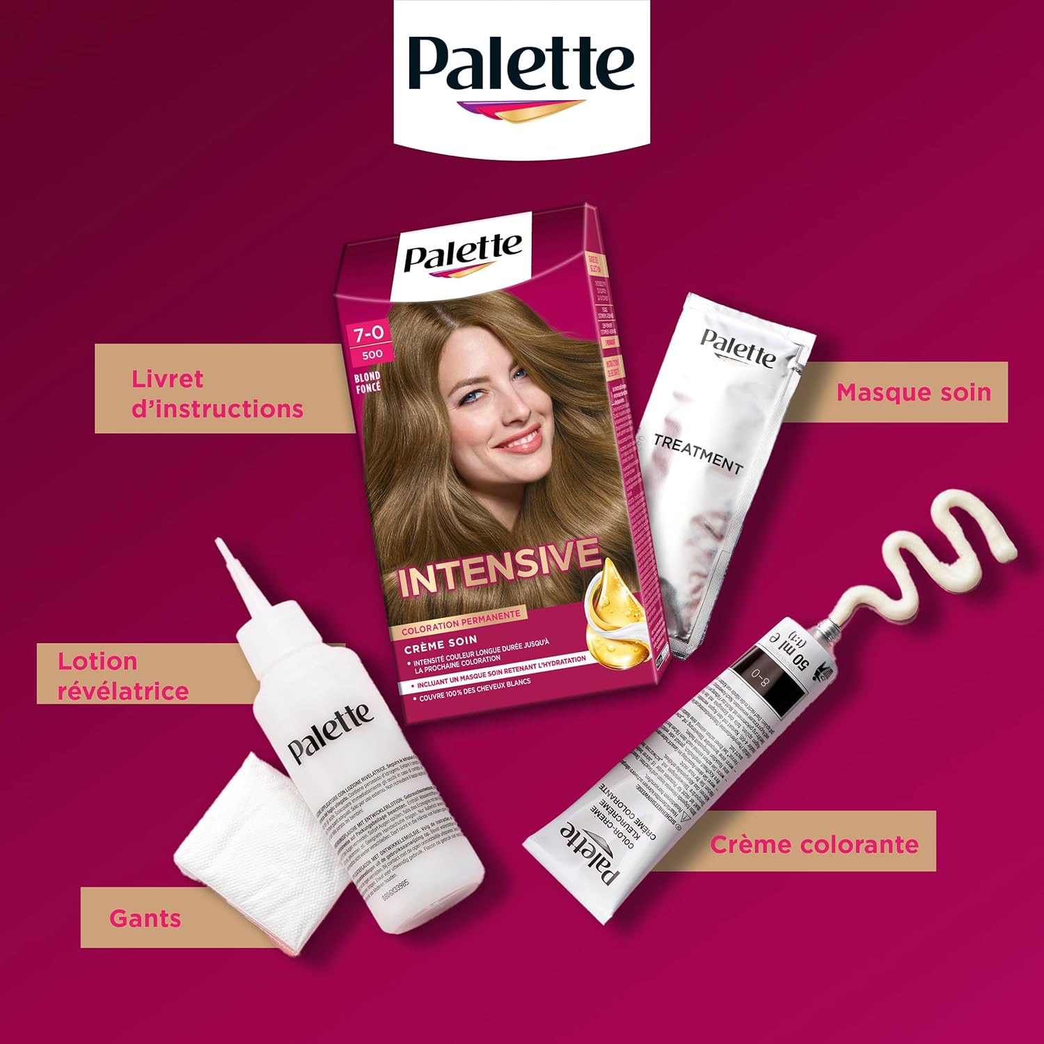 Palette - Intensive coloration permanente, cheveux châtain clair, 600, soin, couvre 100% blancs