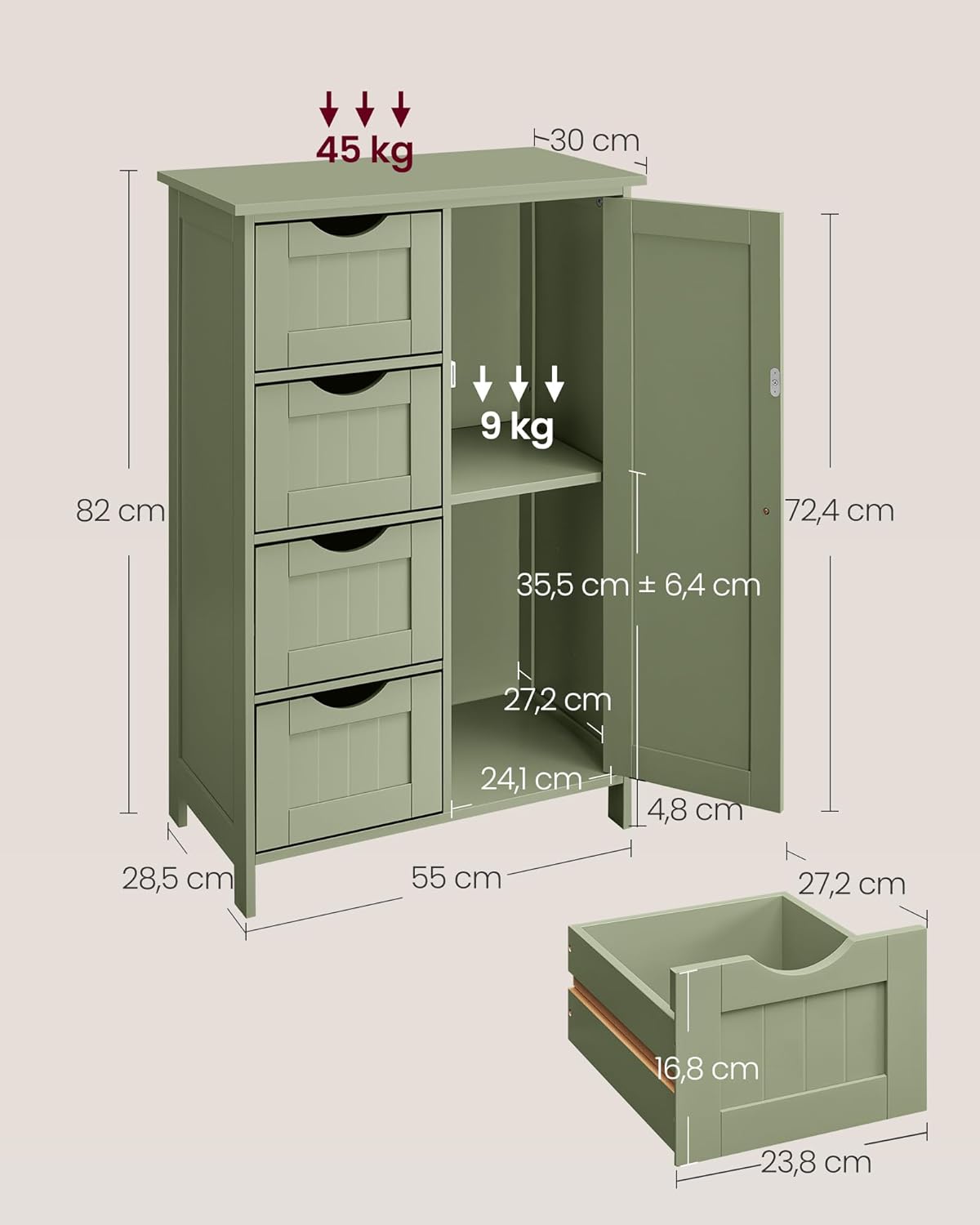 VASAGLE - meuble salle de bain, 30x55x82cm, 4 tiroirs, armoire, LHC041C02