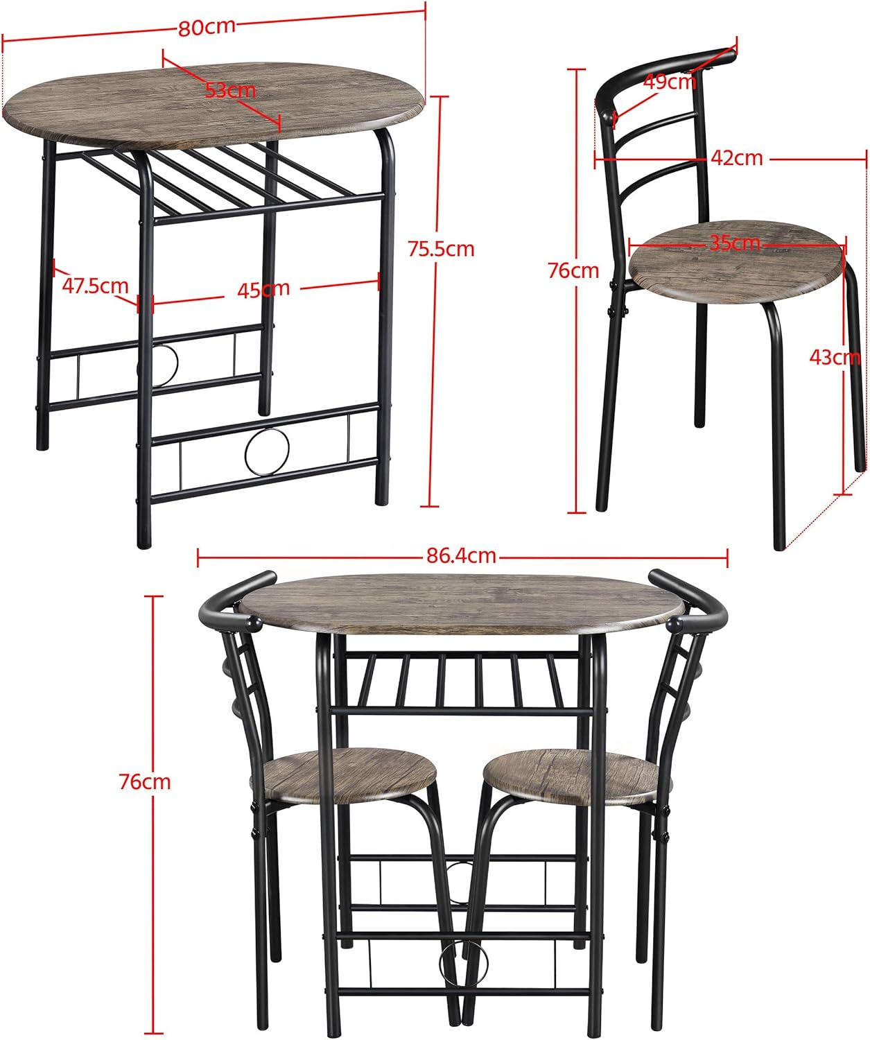 Yaheetech - ensemble table à manger 3 pièces - bois gris/noir - porte-bouteilles, compact