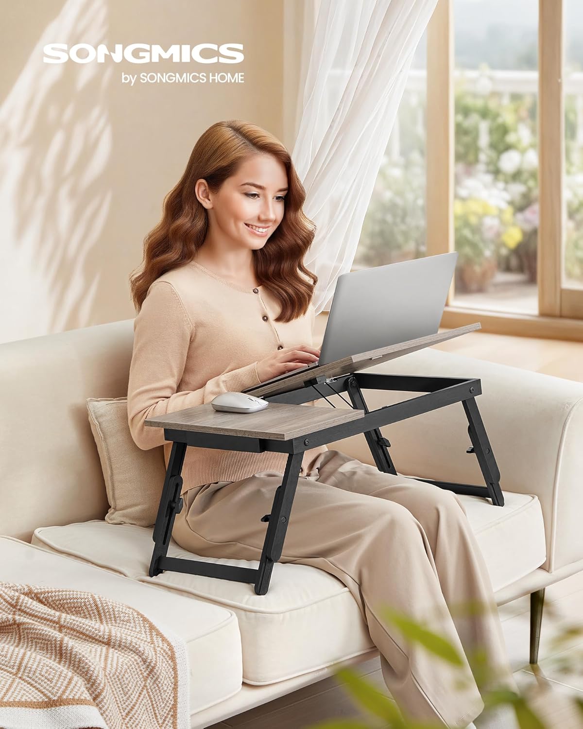 SONGMICS - Table de lit réglable, pliable, tiroir, bambou, 60x40cm - LLD105W01