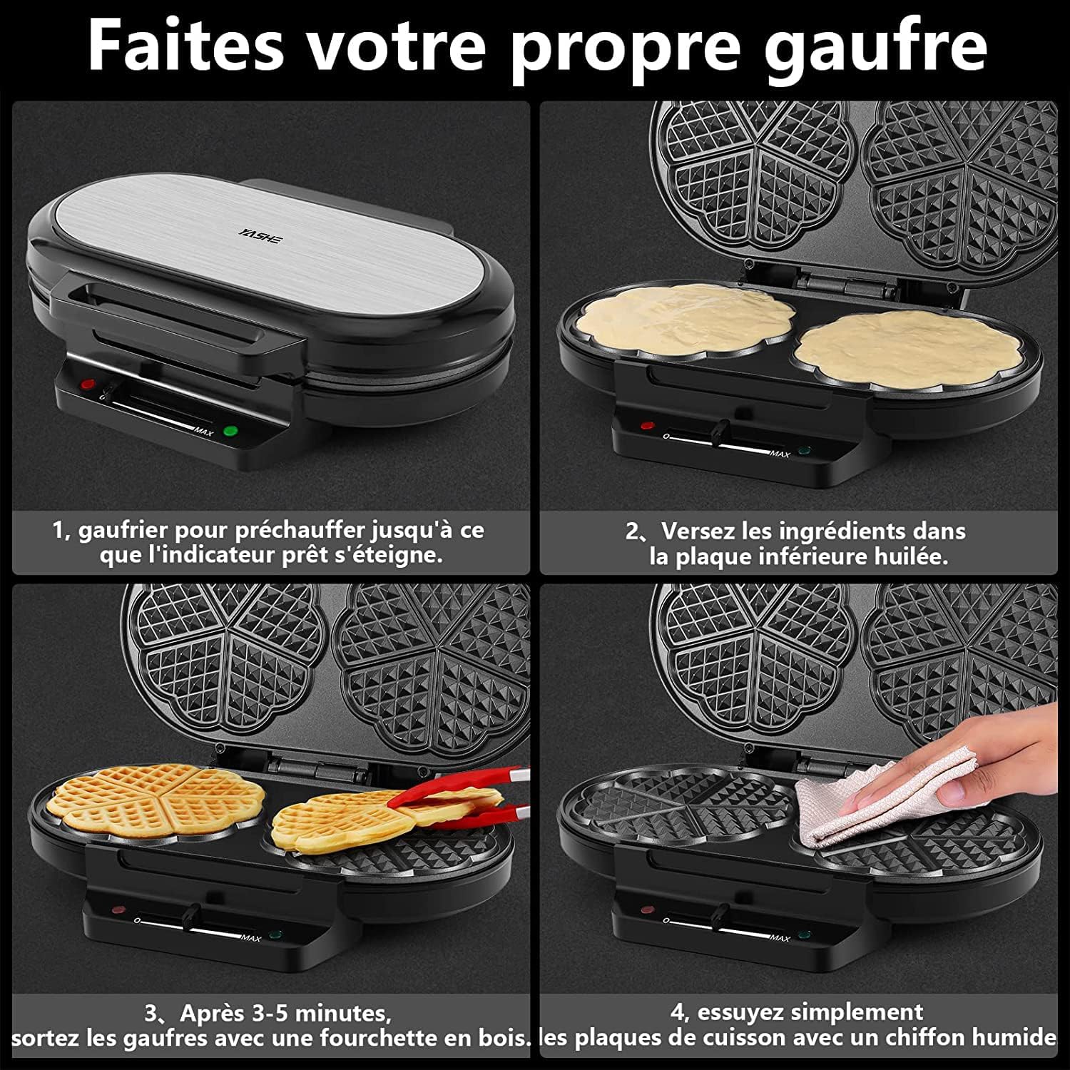 YASHE - machine à gaufres cœur - 1200W - 5 réglages, antiadhésif, anti-débordement