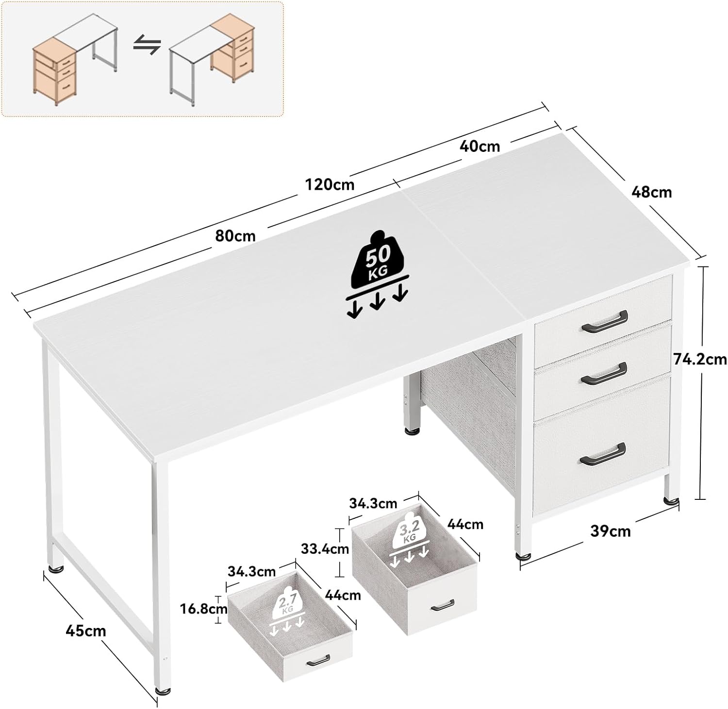 Coleshome - bureau 3 tiroirs tissu, 120x48cm, porte-casque, blanc