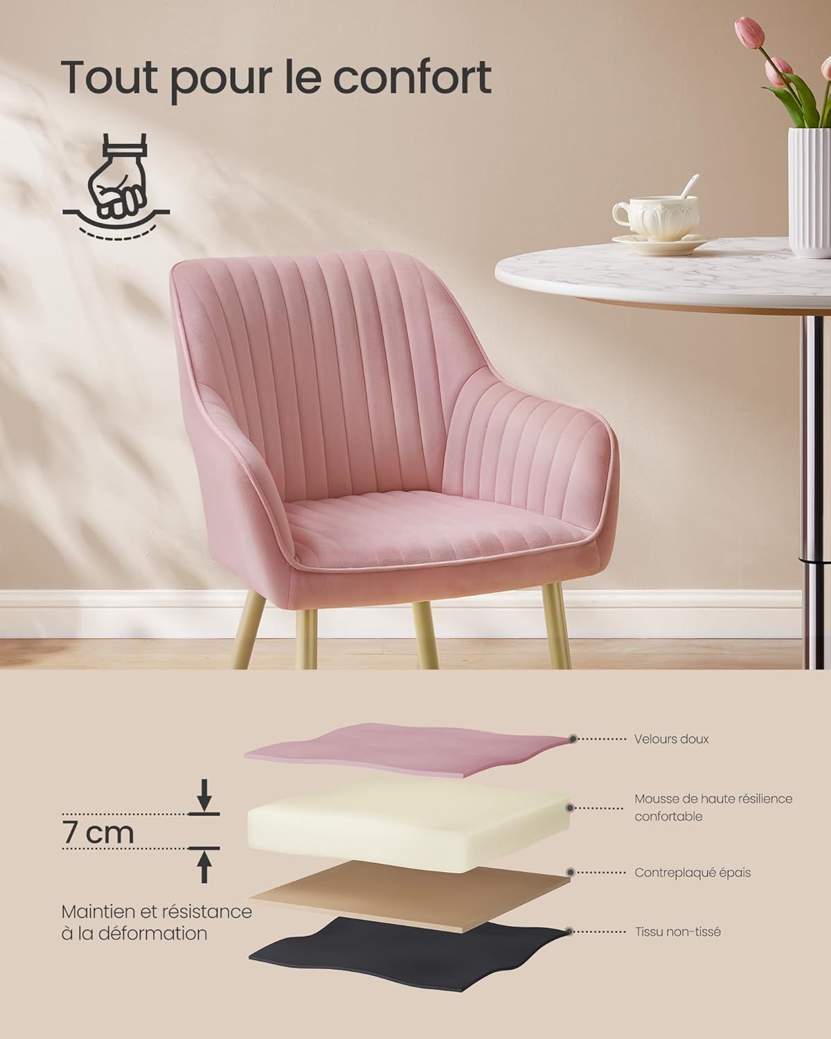 SONGMICS - fauteuil velours, accoudoirs, 120kg, métal, 2pcs, LDC087R12
