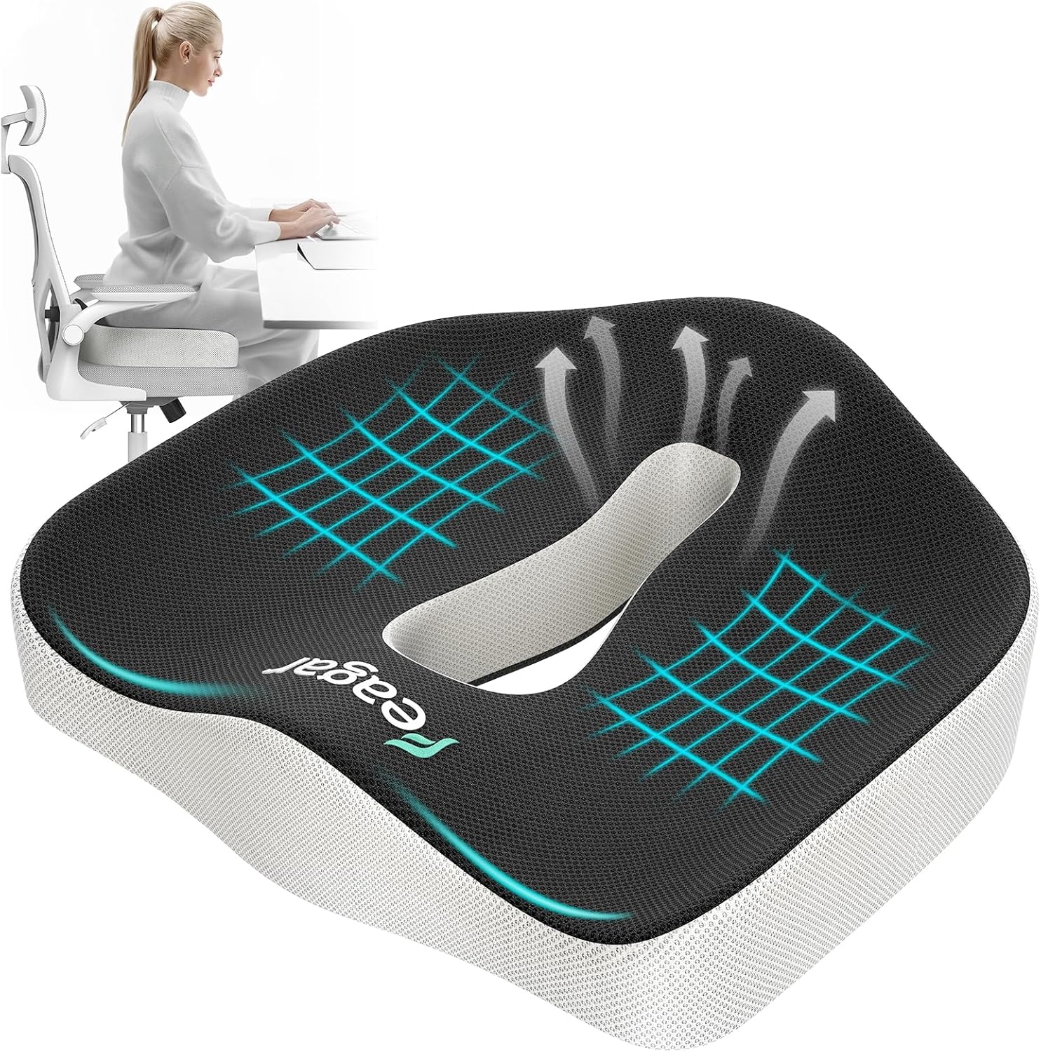 Feagar - coussin d'assise mémoire de forme - ergonomique - soulage le coccyx, idéal chaise ou voiture