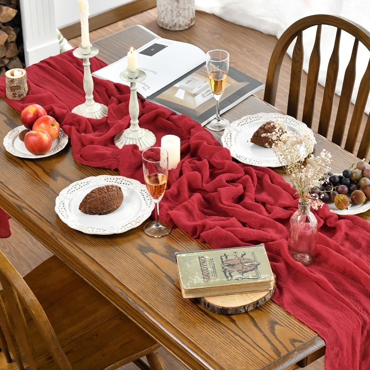 Artoid Mode - Chemin de table bohème, rouge, 400 cm, gaze de coton
