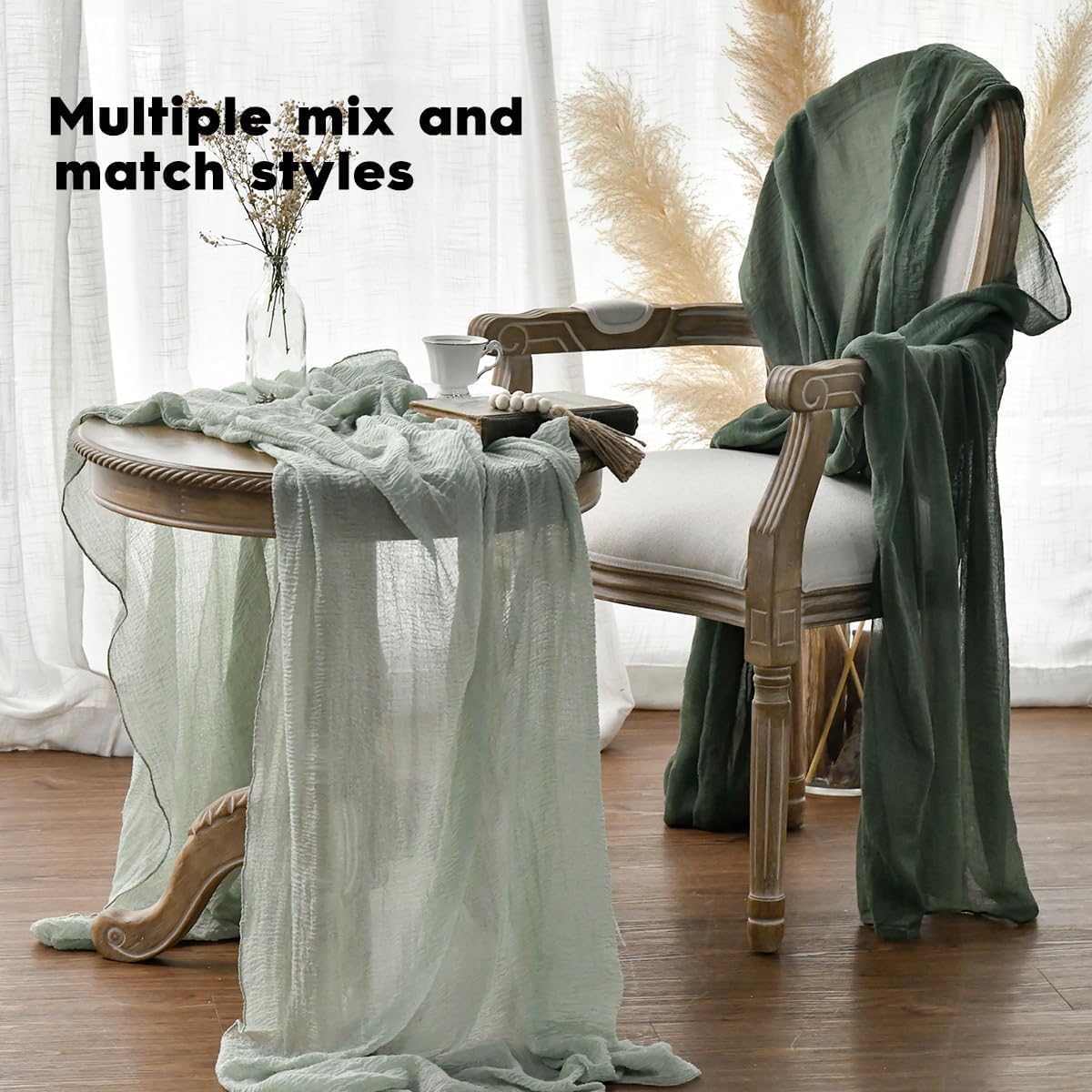 Artoid Mode - Chemin de table Bohême - 400 cm - Gaze mousseline vert sauge, décoration mariage