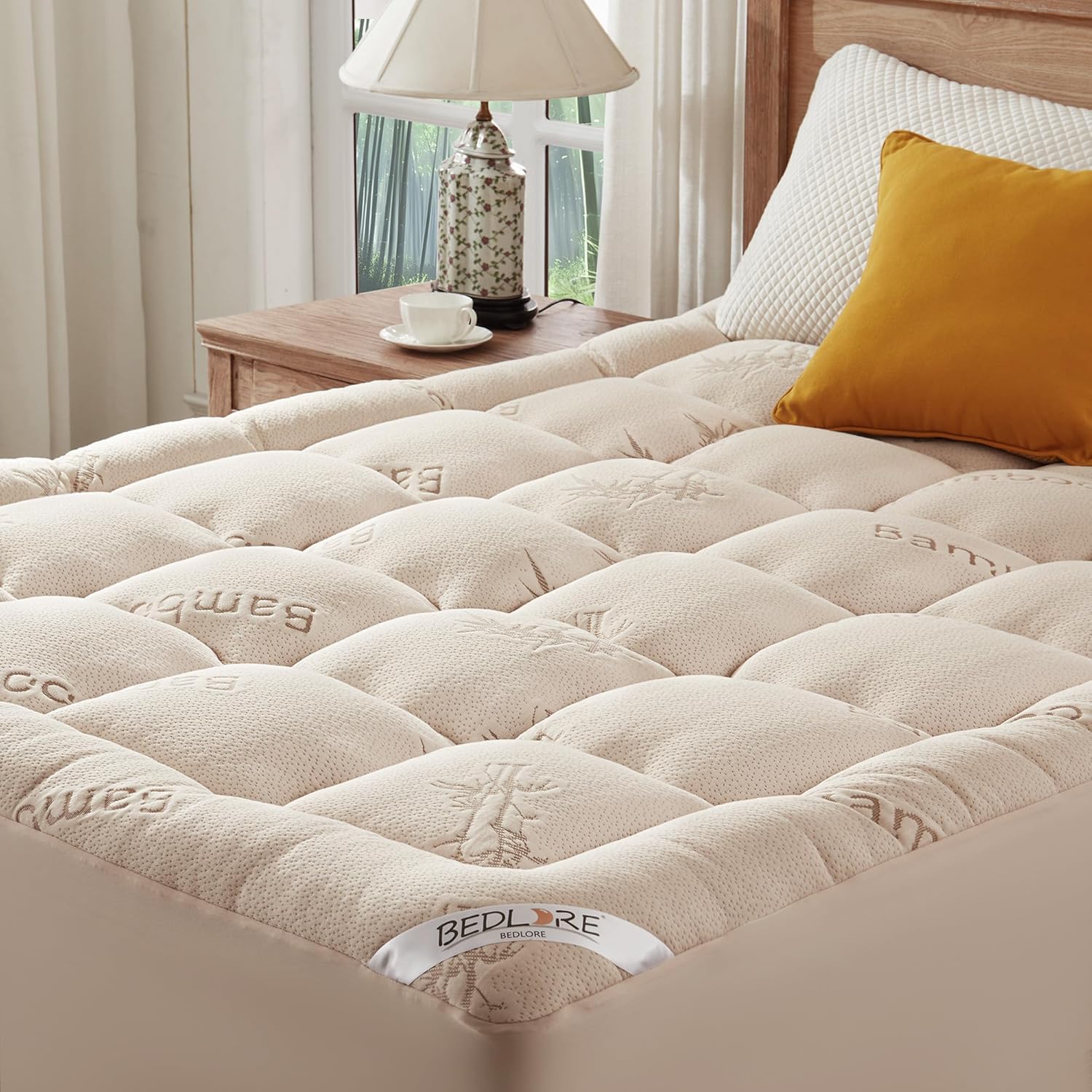 BEDLORE - Surmatelas matelassé bambou - 160x200 cm - extensible 40 cm, Oeko-Tex, beige