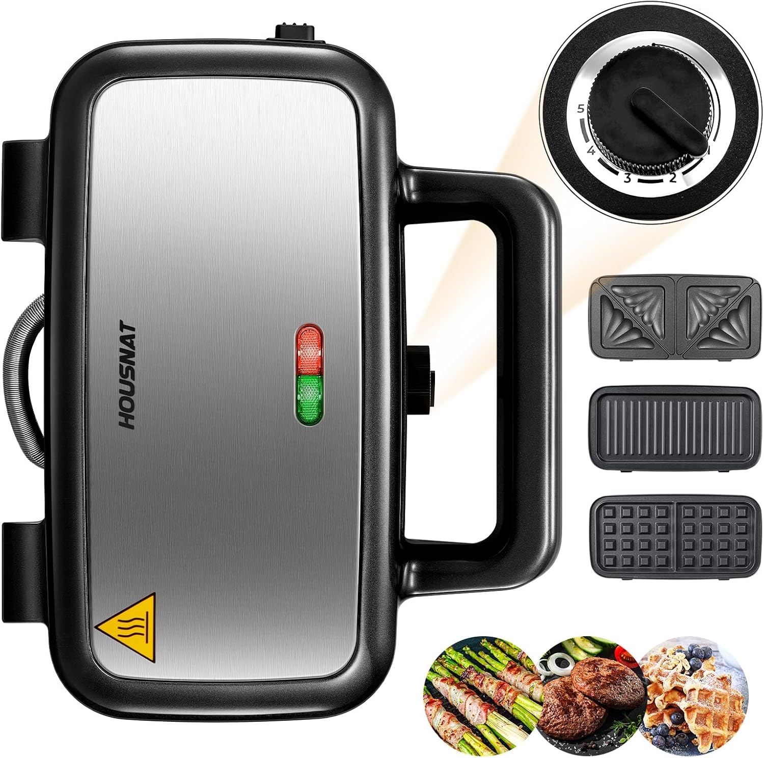 Croque Monsieur 3 en 1 – appareil multifonction 1200W, plaques amovibles, contrôle température 5 niveaux, rangement vert