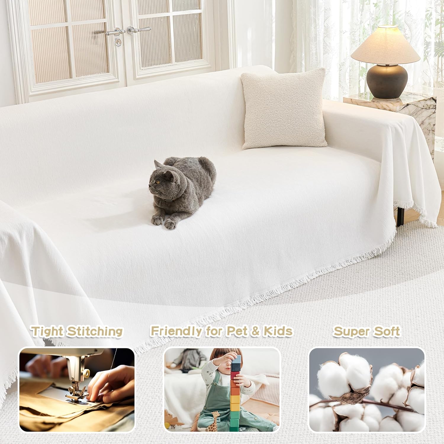 MYSKY HOME - Housse de canapé 3 places - 180x340cm - protection animaux, enfants, blanche
