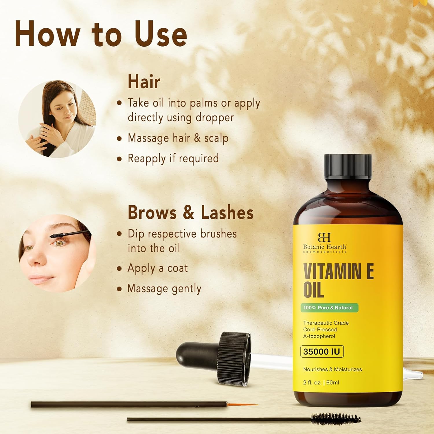Botanic Hearth - Huile vitamine E 35 000 UI - 2 Fl oz - soin ongles, cheveux, cils, brosse incluse