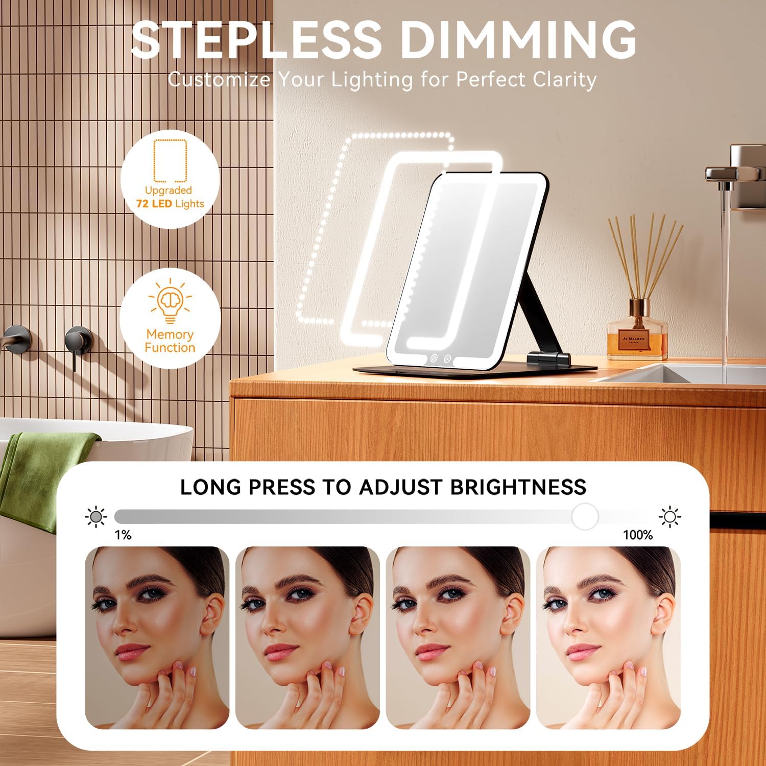 Auxmir - Miroir Maquillage LED, 72 LEDs, rechargeable USB, 3 lumières, écran tactile
