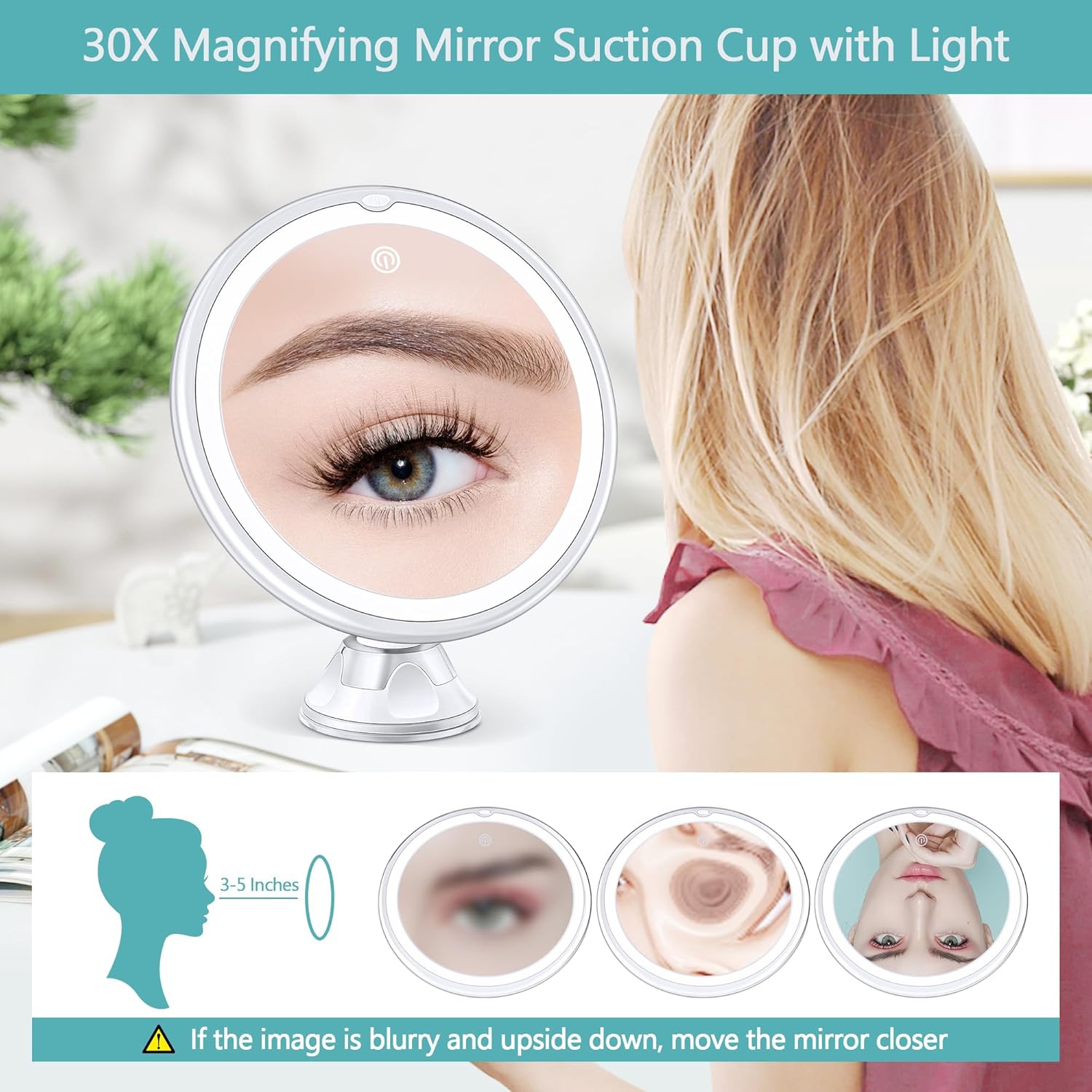 MIYADIVA - miroir grossissant 30x - 1500mAh - LED, 3 modes, ventouse, rotatif