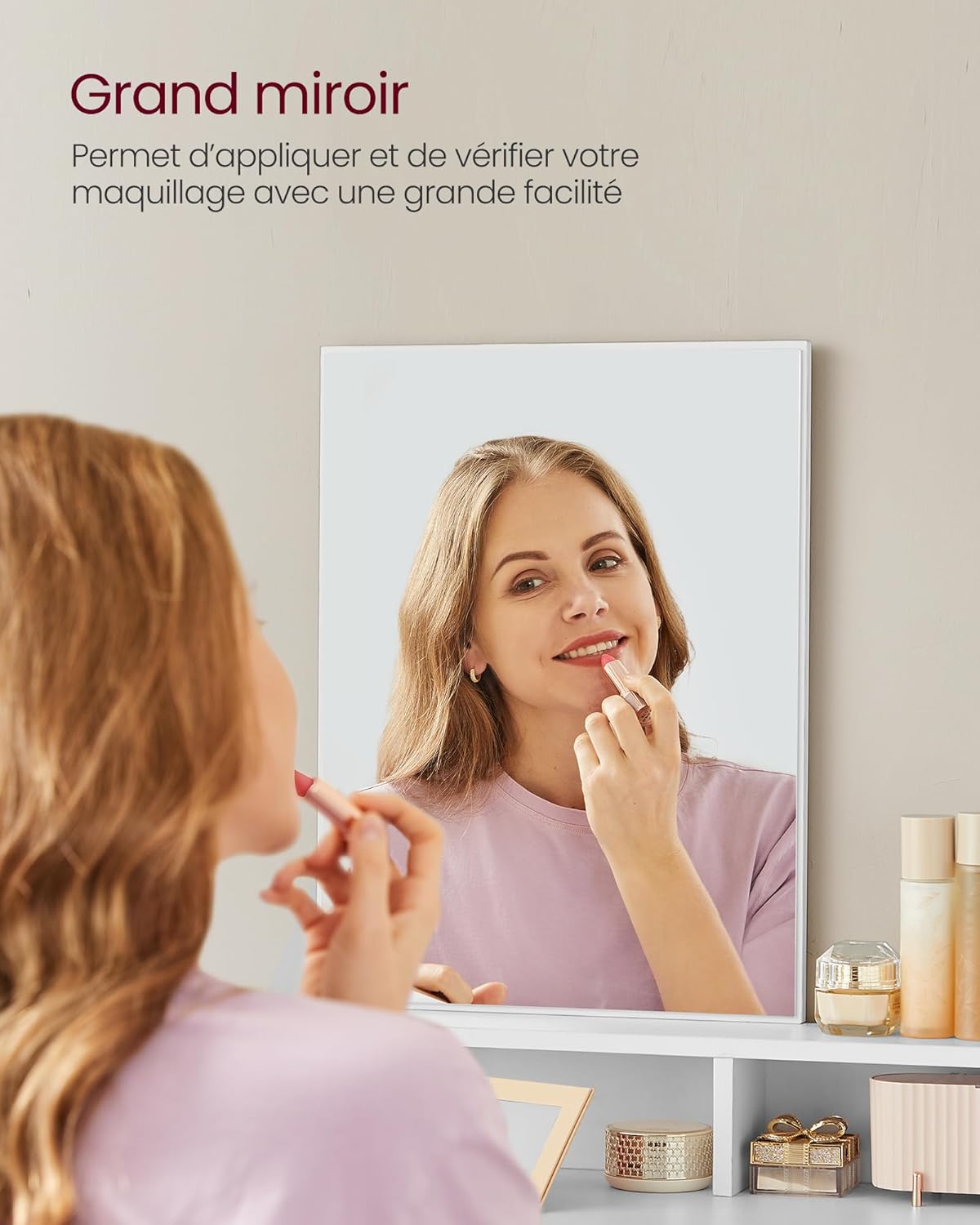 VASAGLE - Kailyn Collection - 40x80x140 cm - coiffeuse moderne, 2 tiroirs, miroir, blanc, RDT113W01
