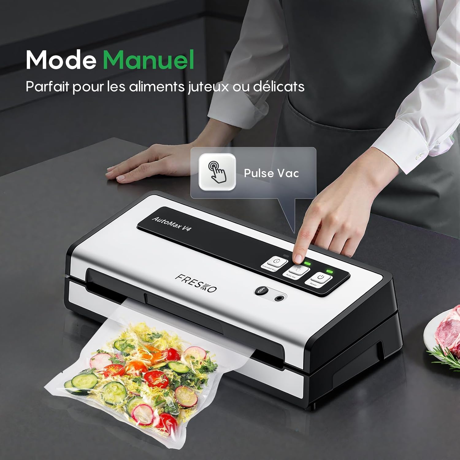 FRESKO - machine sous vide 140W, double scellage, sec/humide, 10 sacs, 4 kits bocaux