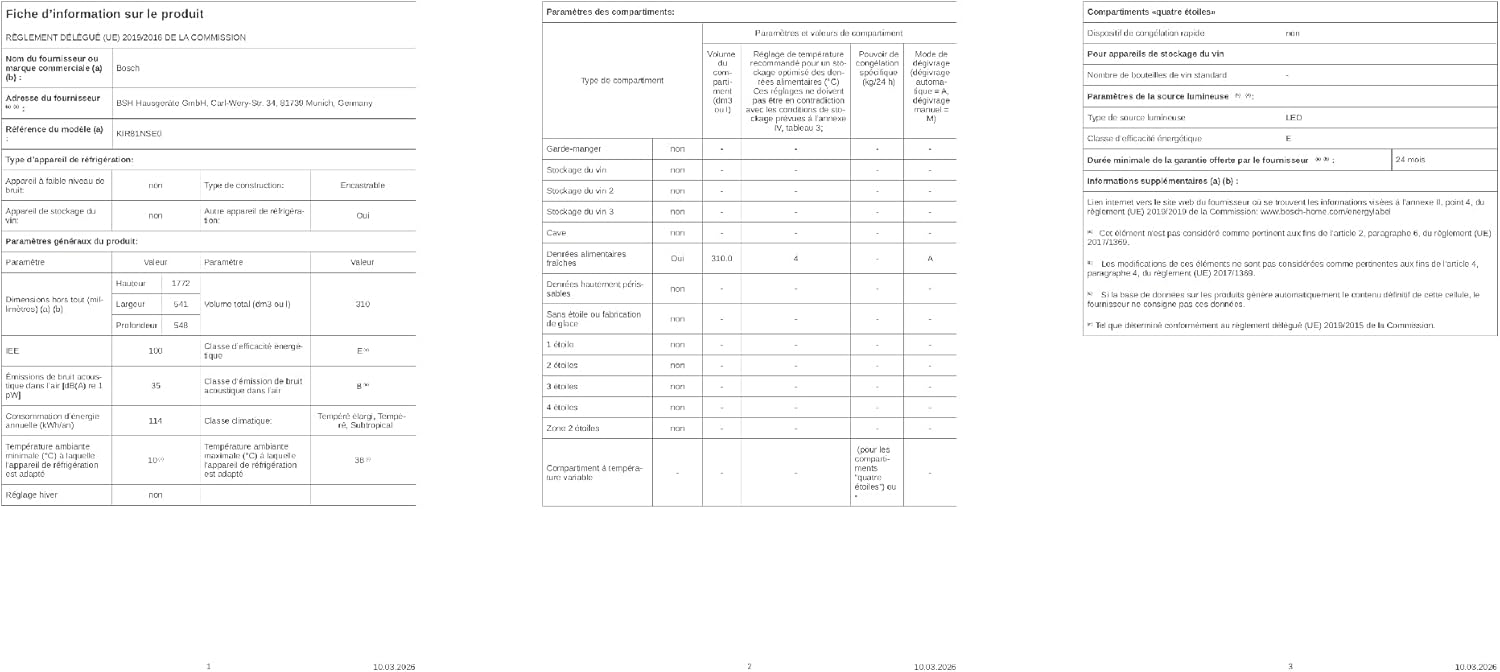 Bosch - KIR81NSE0 Série 2 - 177,2x54,1 cm - 310L, encastrable, KIR81NSE0