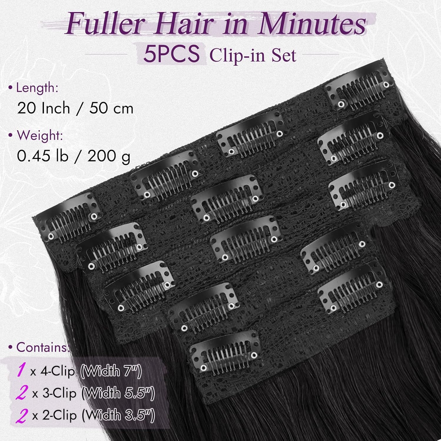 BARSDAR - extensions clip noir ondulées 50cm, lot 5pcs, synthétique