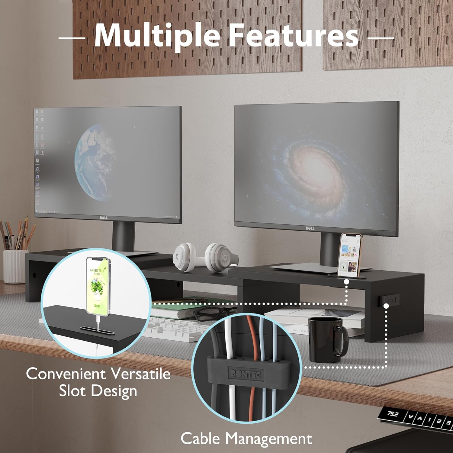 BONTEC - Support Moniteur Double - réglable bois noir - longueur et angle ajustables
