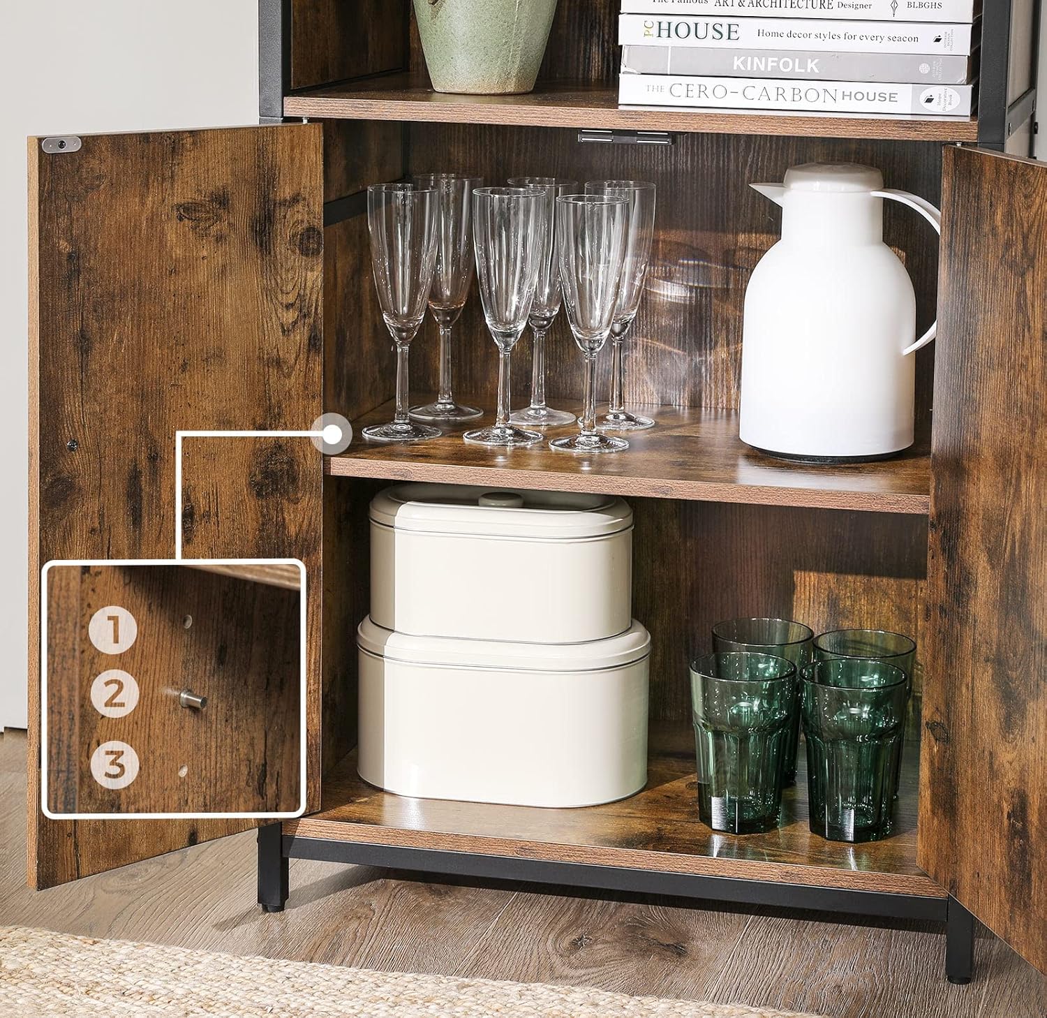 VASAGLE - buffet rangement 2 compartiments, étagères réglables, cadre acier, marron/noir LSC66BX