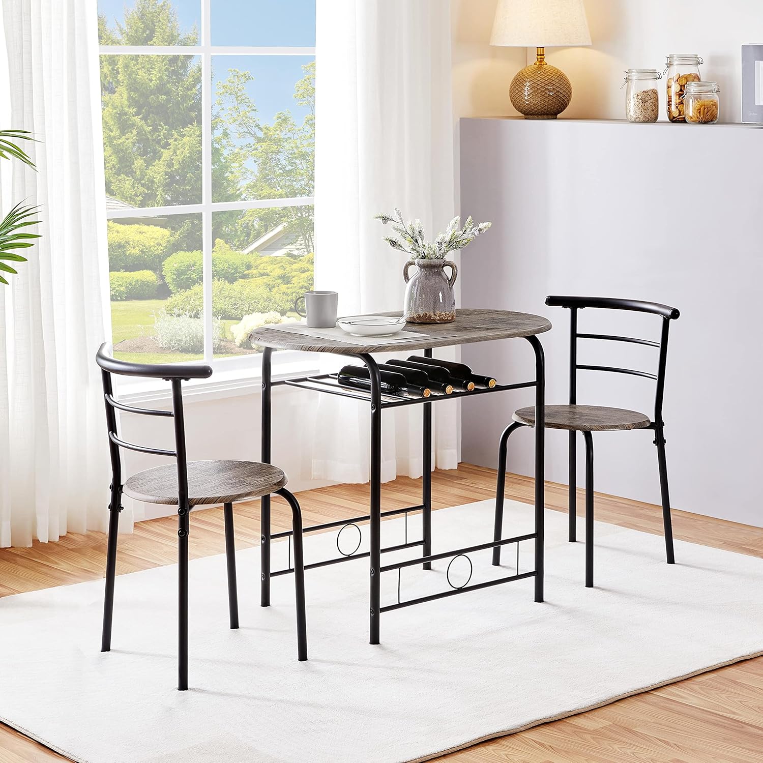 Yaheetech - ensemble table à manger 3 pièces - bois gris/noir - porte-bouteilles, compact