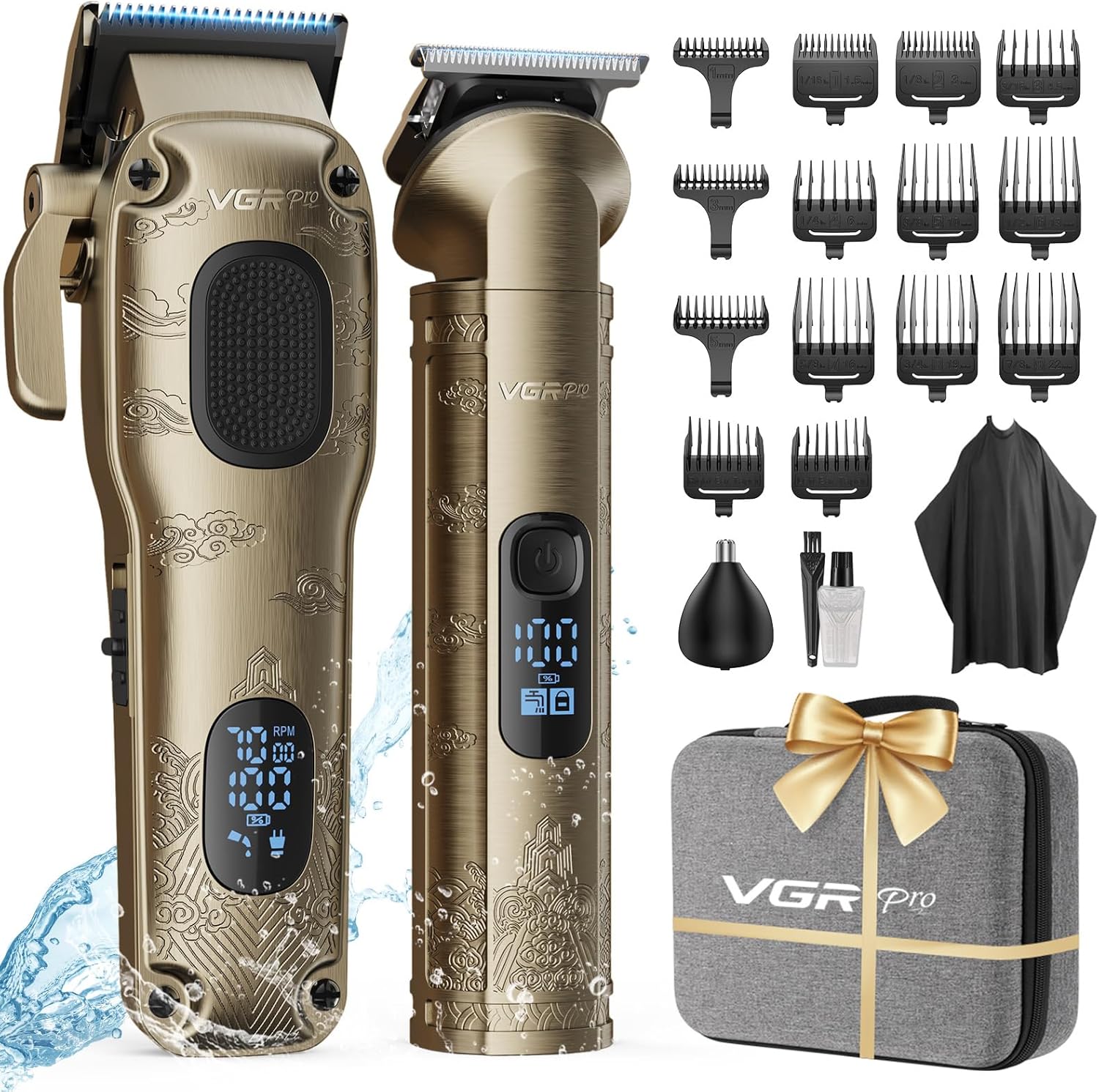 Tondeuse cheveux professionnelle sans fil, kit coupe homme, dorée