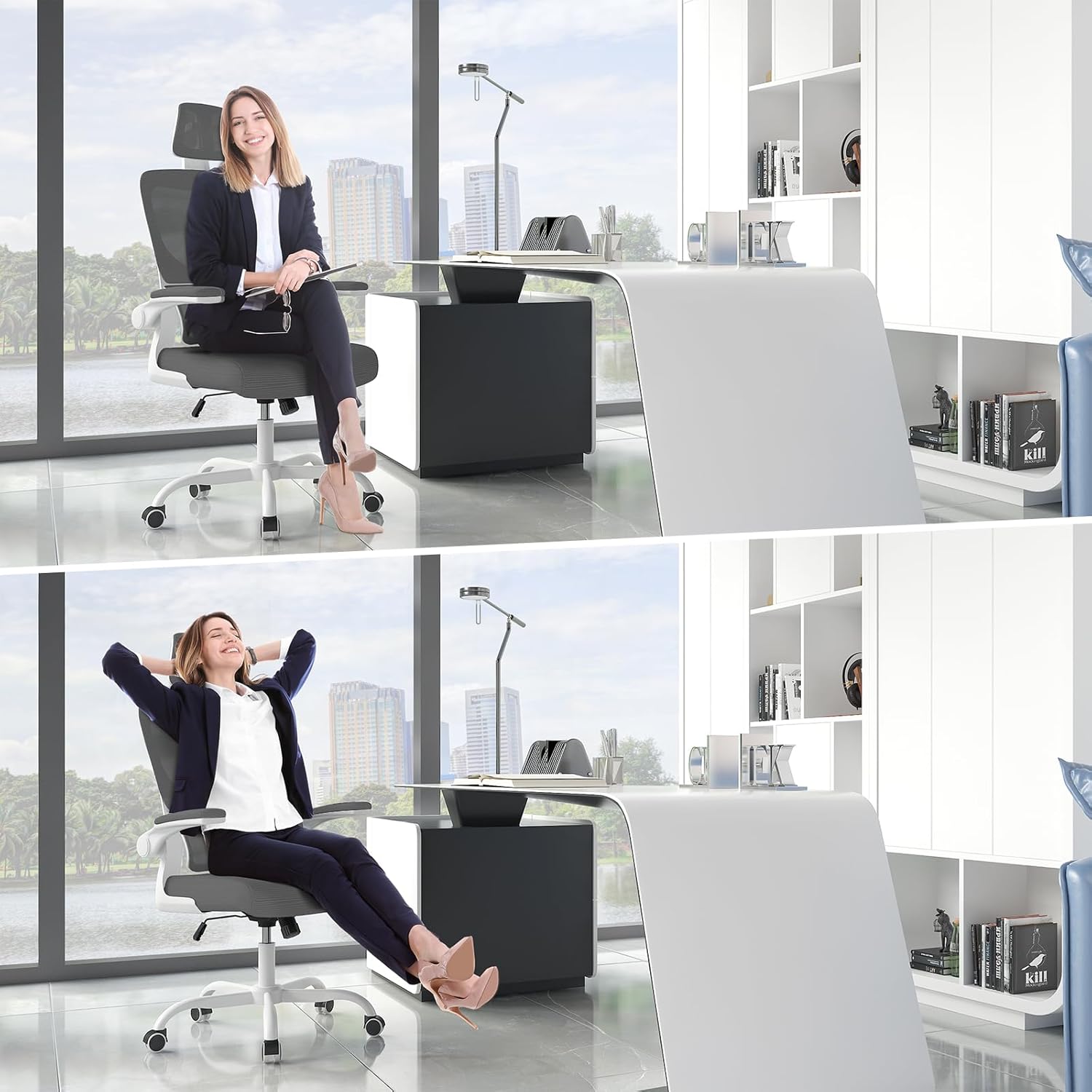 Chaise de bureau ergonomique - support lombaire réglable - appui-tête, accoudoirs réversibles, maille respirante - gris 