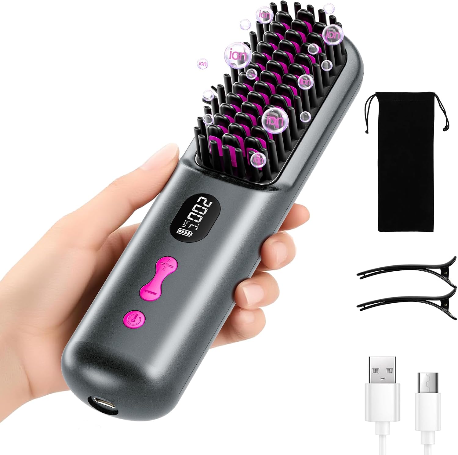 Brosse lissante portable USB, 9600mAh, ion négatif, chauffante, gris