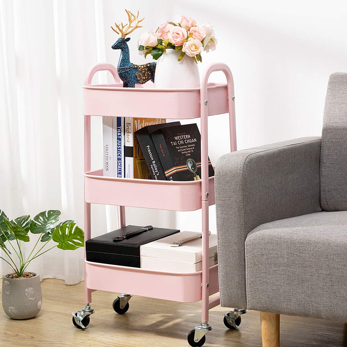 DOEWORKS - chariot 3 niveaux métal, roulettes, rose, rangement compact