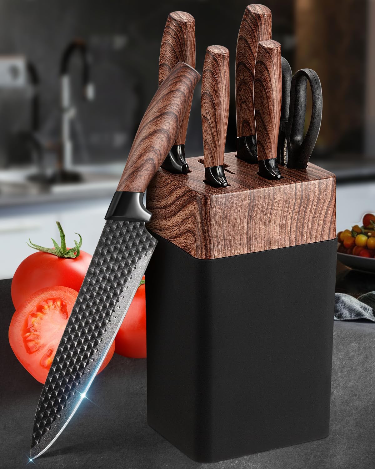 Set couteaux cuisine - 7 pièces, inox, manches ergonomiques, avec bloc