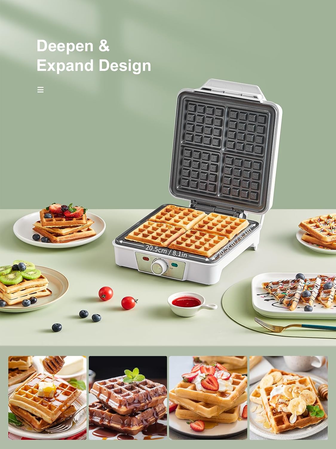 Gaufrier électrique 4 plaques, 1200W, 5 niveaux, antiadhésif, blanc