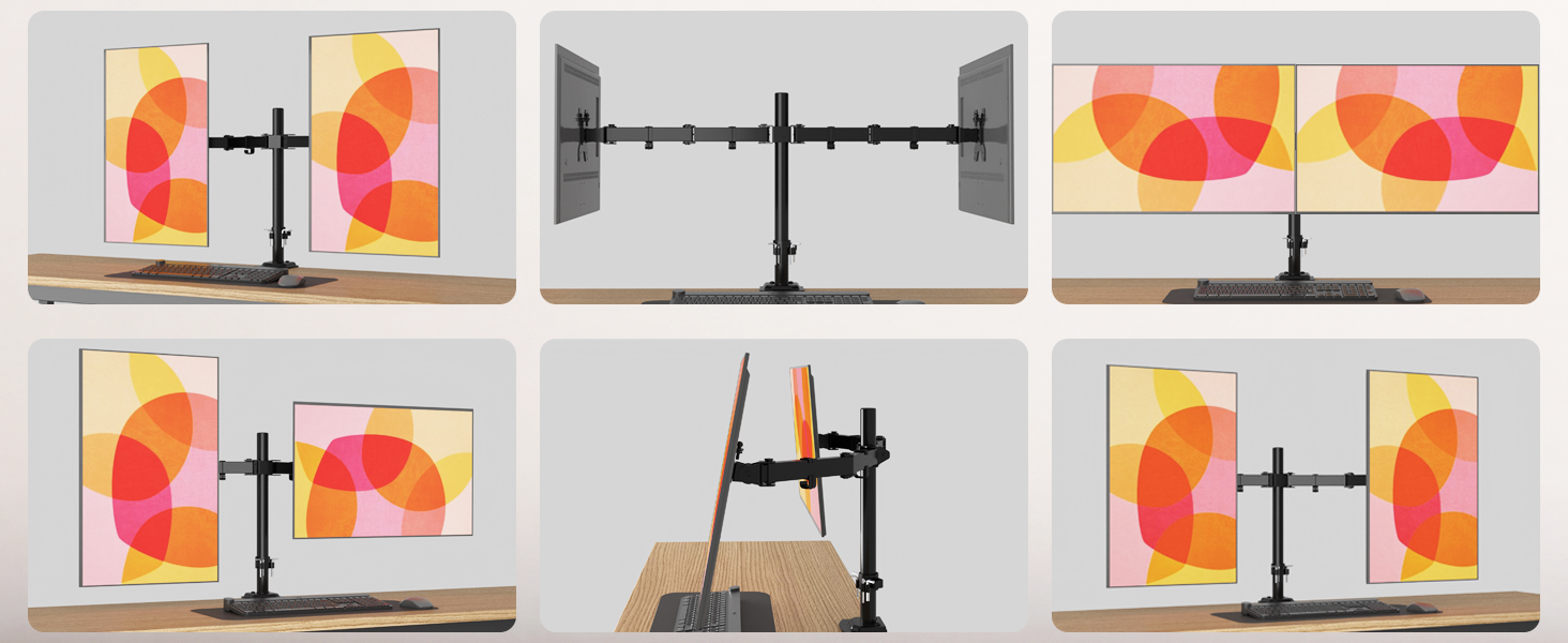 Support à double écran affichant des impressions d'art abstraites colorées. Plusieurs vues montrent des bras réglables et des options de montage pour deux écrans sur un bureau ou une table.