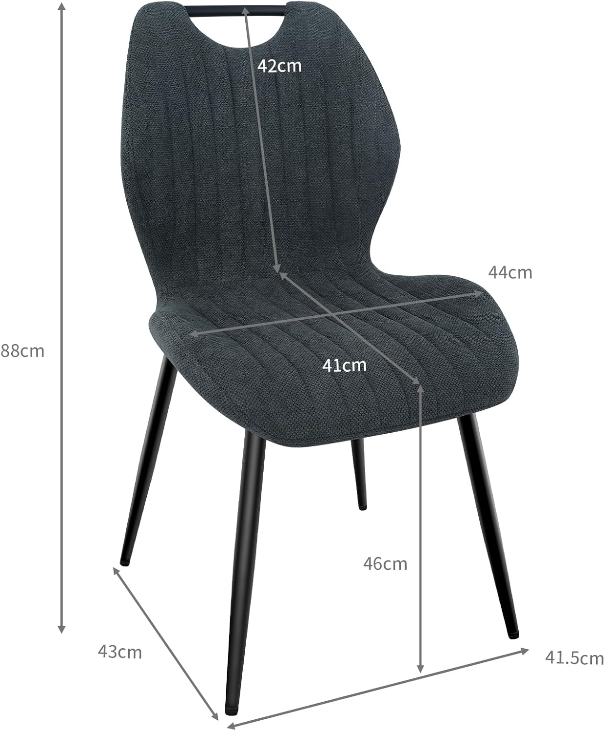 Chaises de salle à manger - lot de 4 - tissu gris foncé, pieds métal, dossier ergonomique - 47x54x85 cm