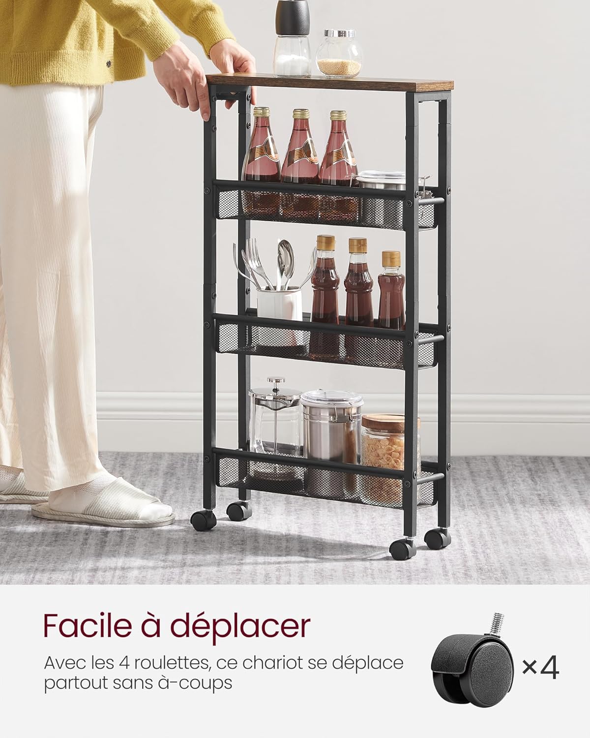 VASAGLE - desserte 4 niveaux, 13x45,4x77 cm, acier, roulettes, LRC032B01V1