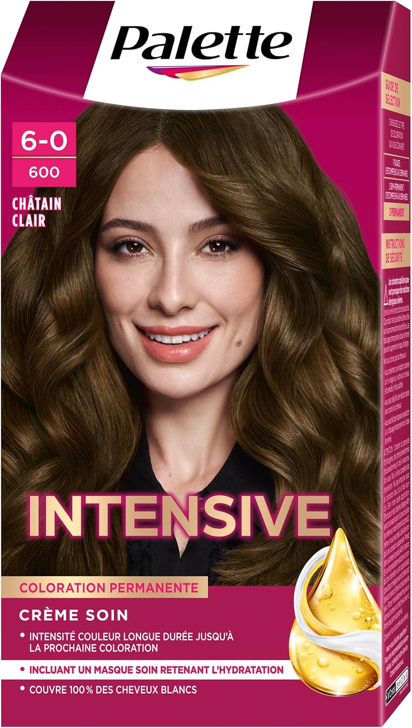 Palette - Intensive coloration permanente, cheveux châtain clair, 600, soin, couvre 100% blancs
