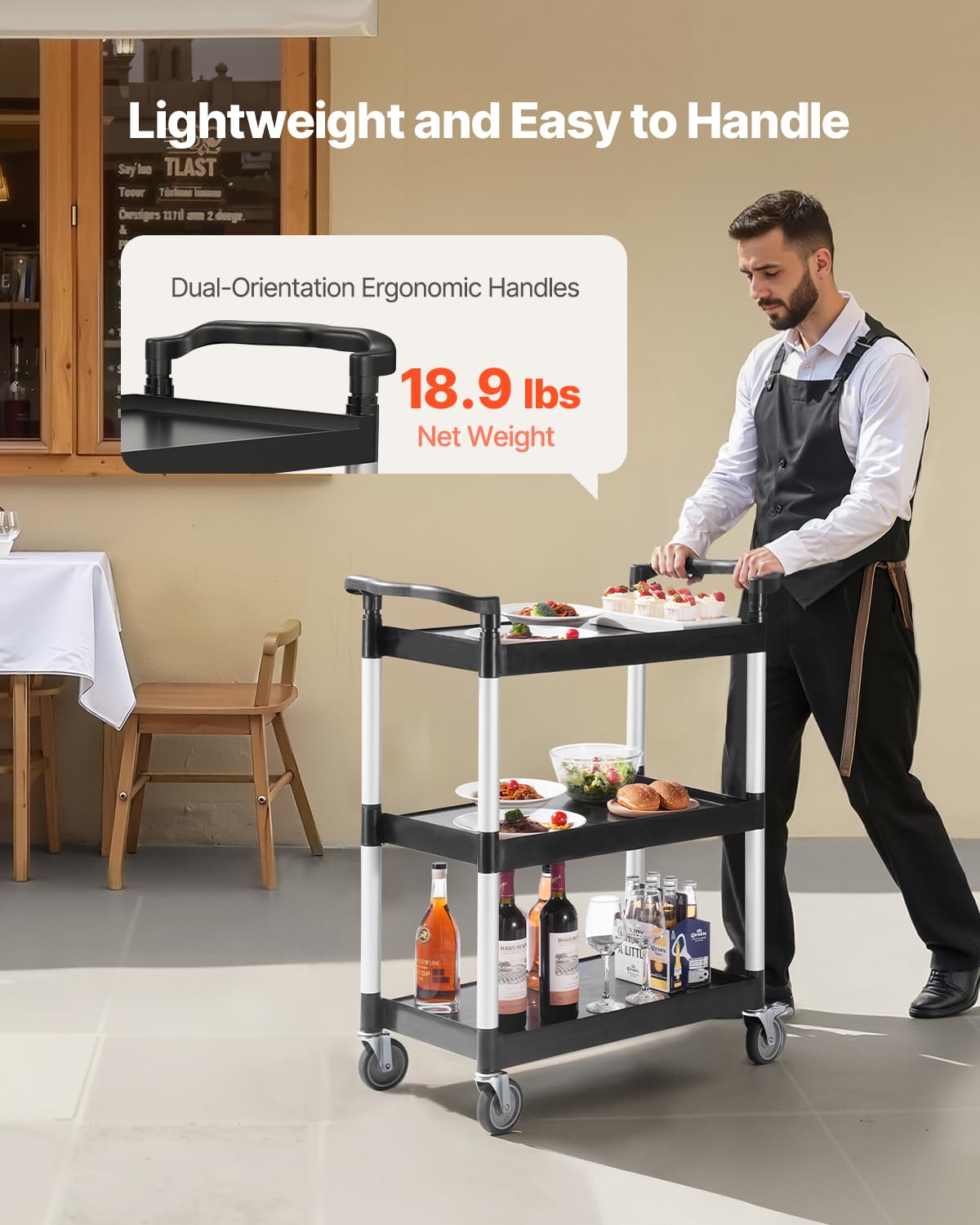 VEVOR - Chariot de service à 3 niveaux, 880x410x990mm, roulettes pivotantes