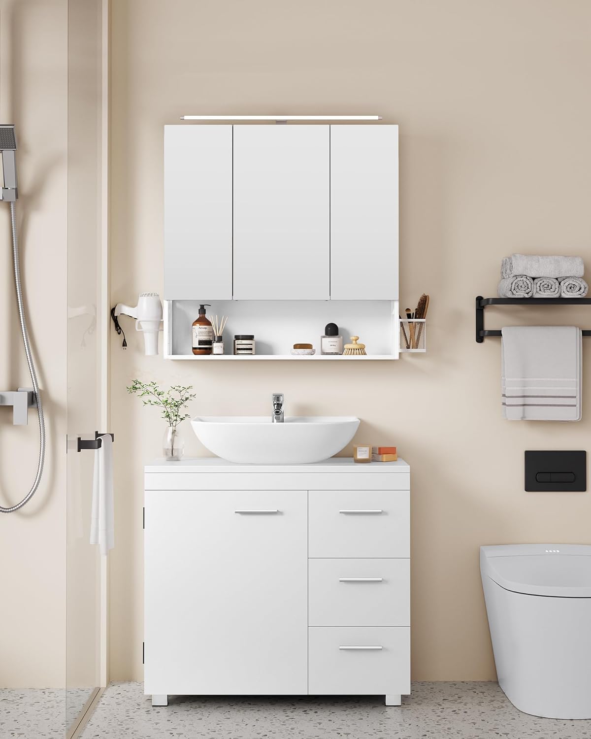 VASAGLE - meuble sous lavabo 70x30x64 cm, 3 tiroirs, blanc, BBK504W01
