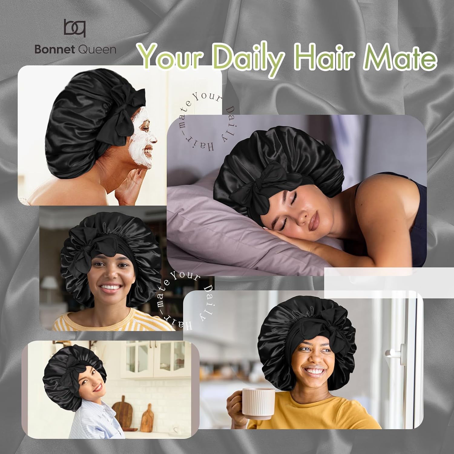 BONNET QUEEN - Bonnet satin ajustable, grand, cheveux bouclés, noir