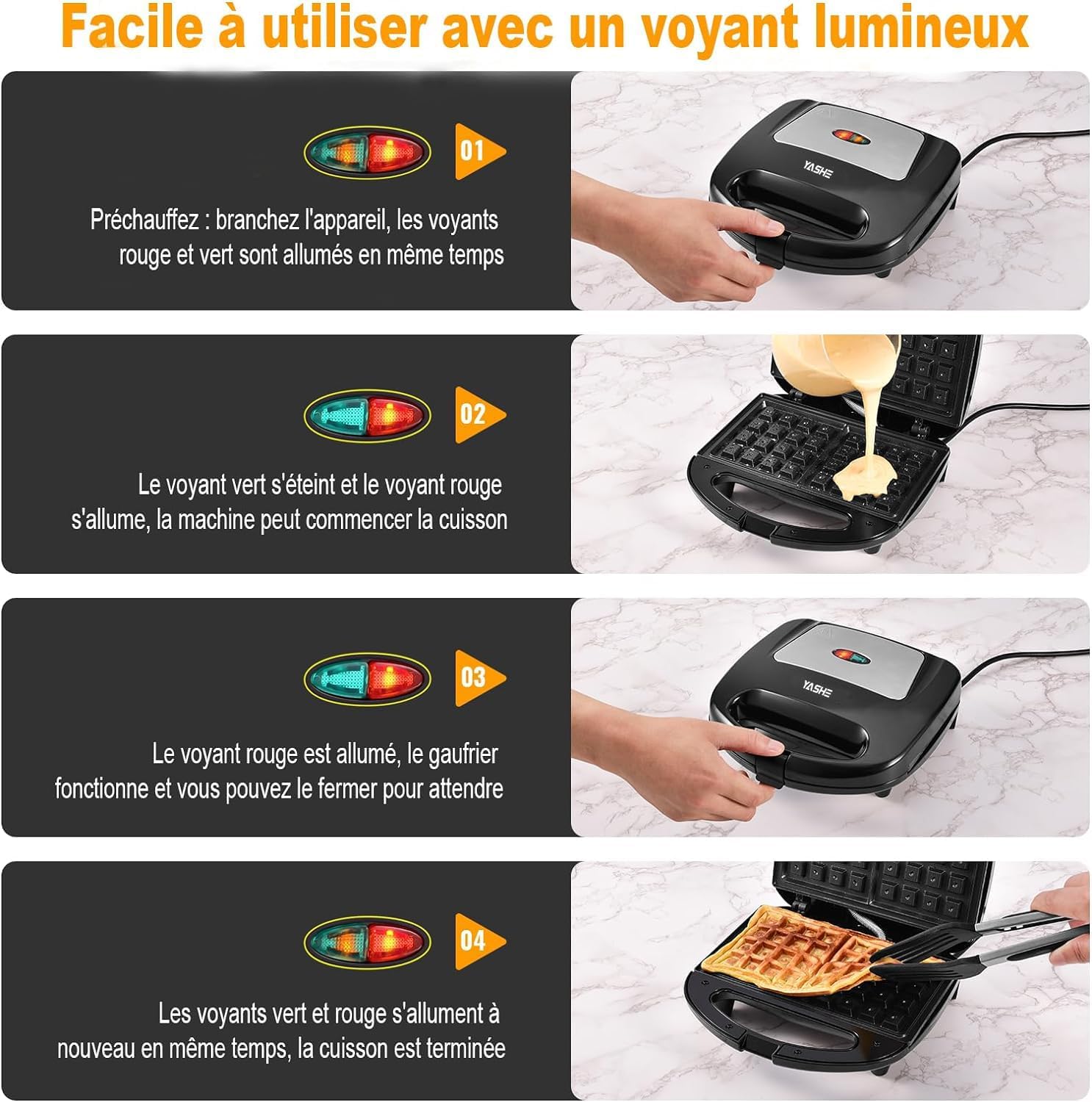 YASHE - Gaufrier 750W - 2 gaufres, plaques antiadhésives, thermostat auto