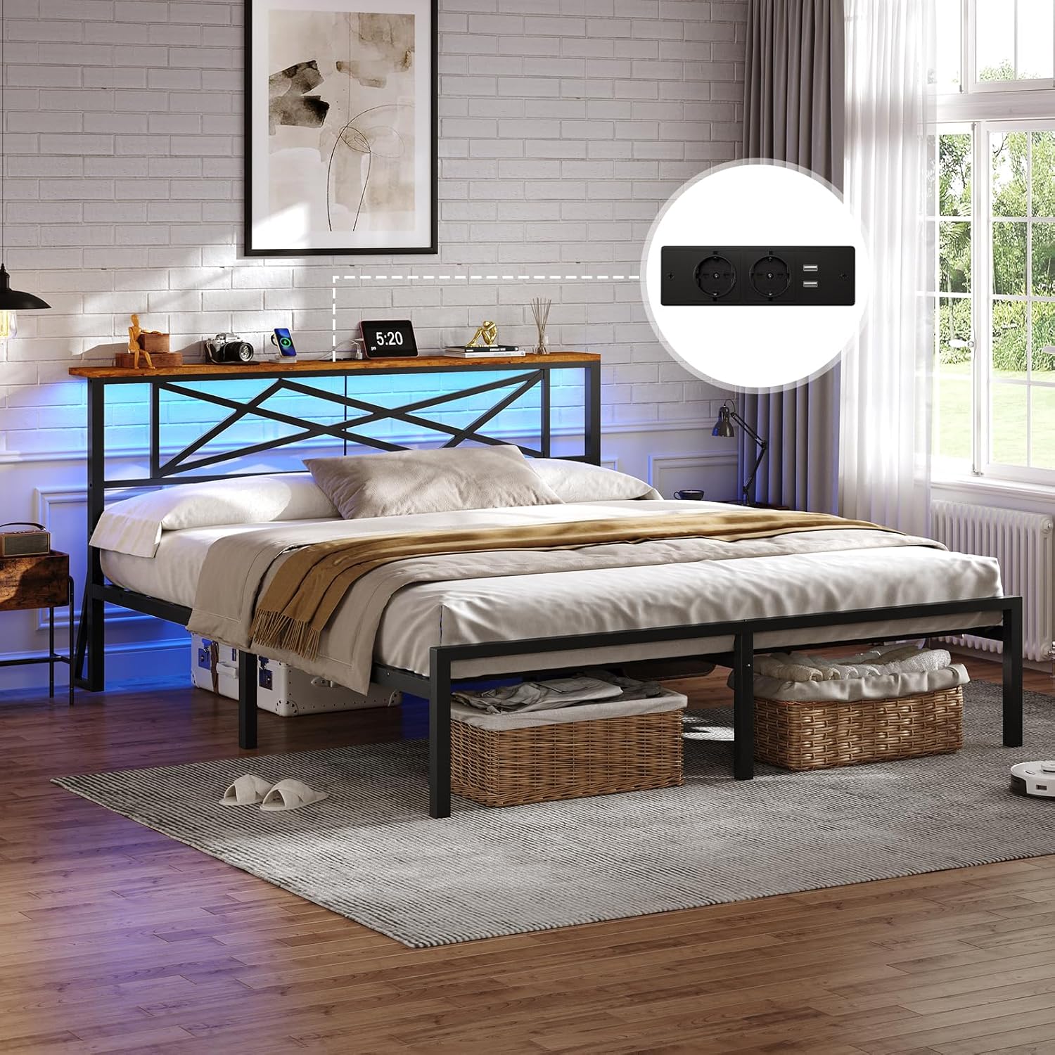 DICTAC – Lit double LED 160x200, métal, ports USB, rangement, LitLED160x200